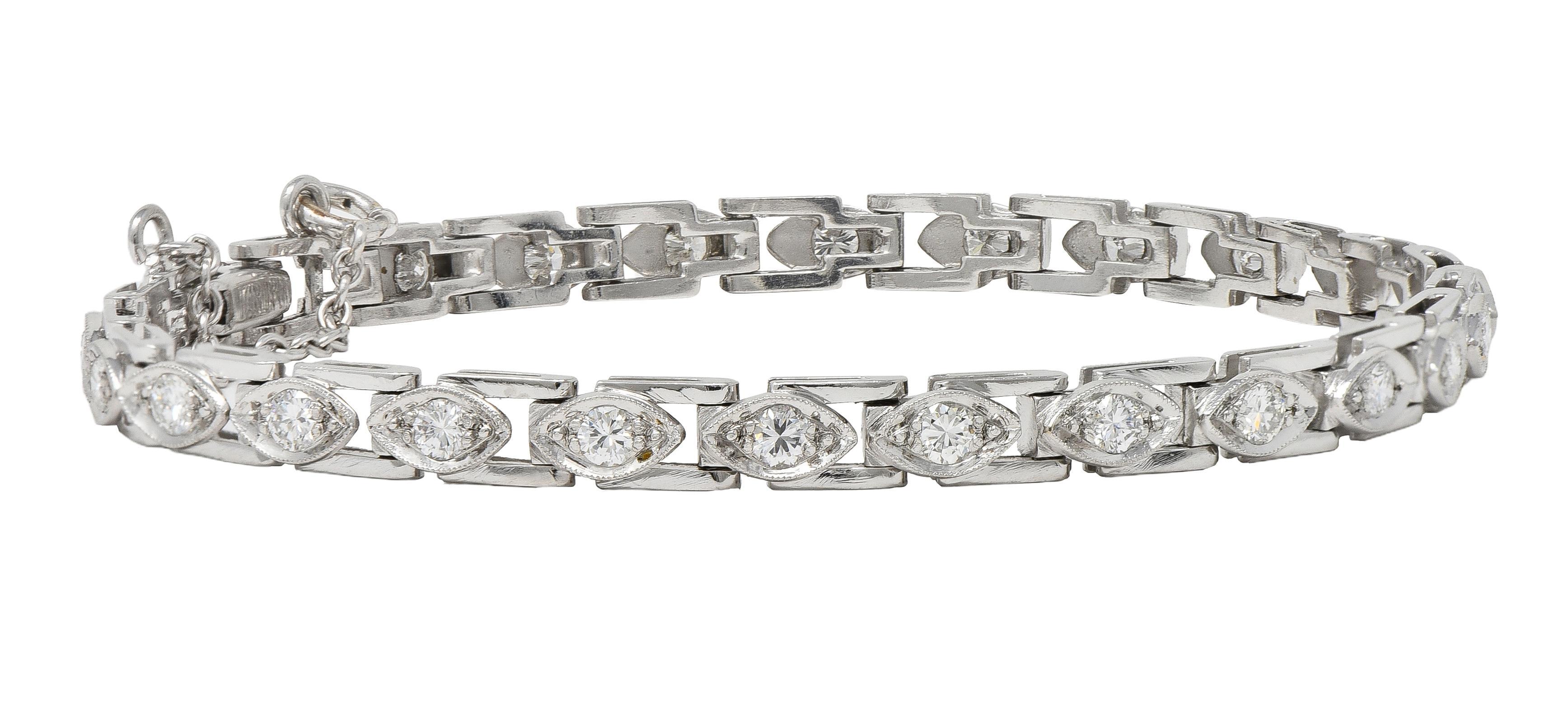 Art Deco 1.50 CTW Round Diamond Platinum Vintage Navette Line Bracelet In Excellent Condition For Sale In Philadelphia, PA