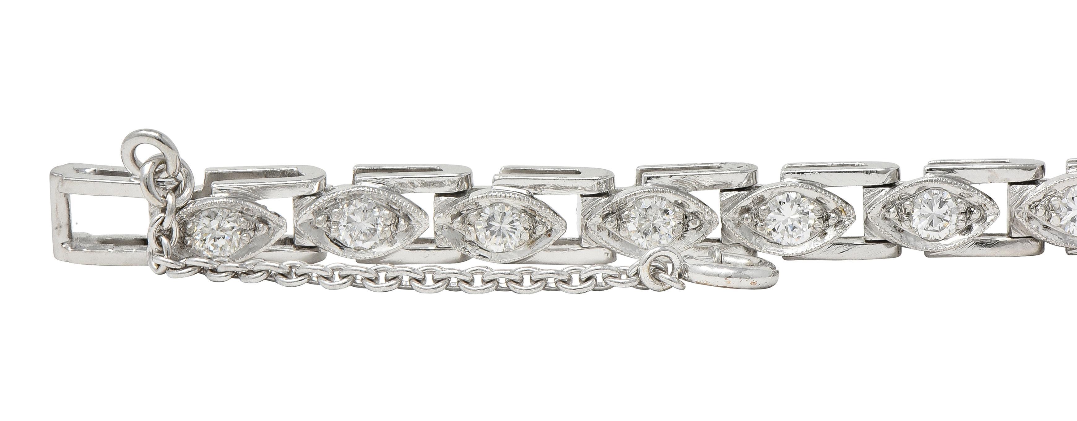Women's or Men's Art Deco 1.50 CTW Round Diamond Platinum Vintage Navette Line Bracelet For Sale