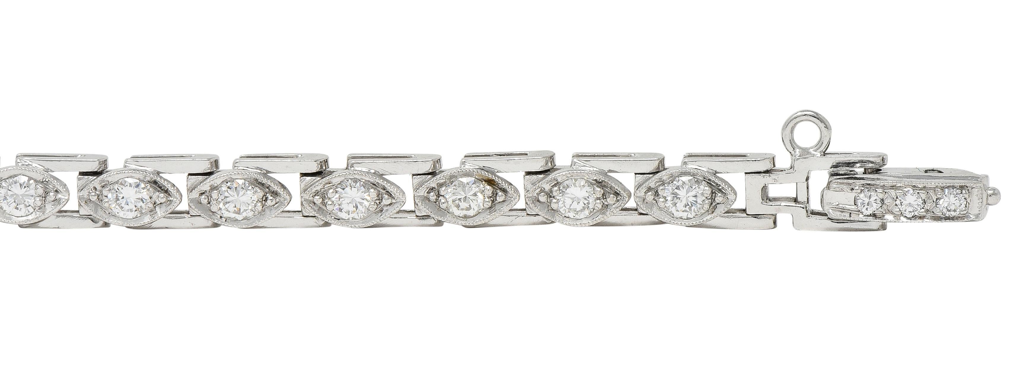 Art Deco 1.50 CTW Round Diamond Platinum Vintage Navette Line Bracelet For Sale 1