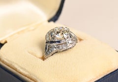 Art Deco 1.50ct Diamond Sapphire Ring. GIA Old Euro Engagement Platinum J SI1