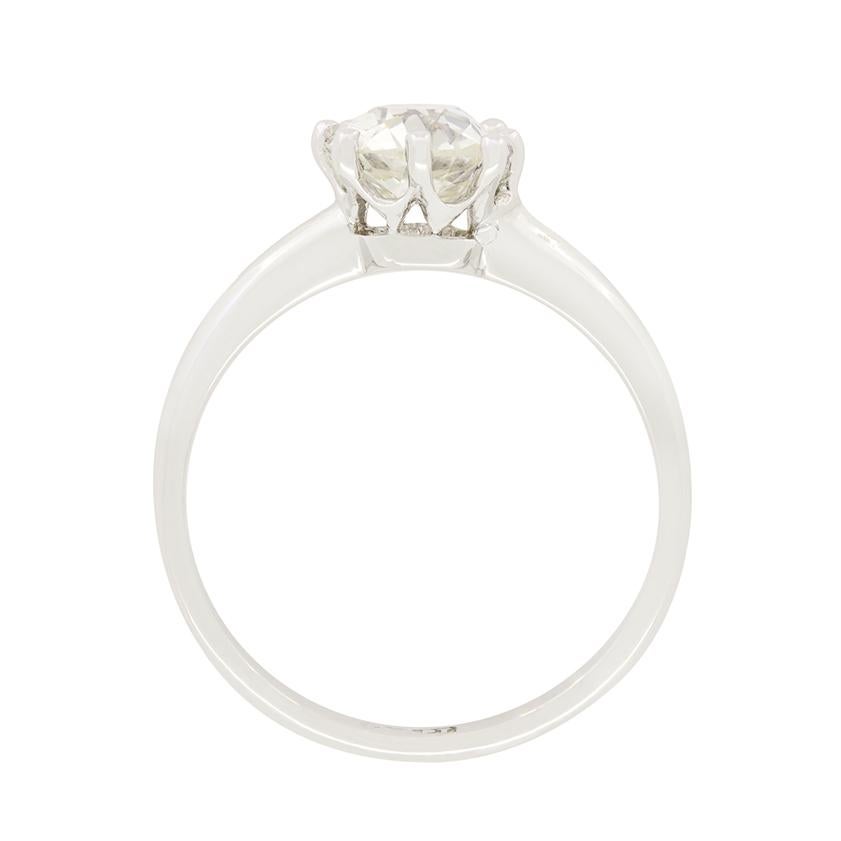 This timeless solitaire features a beautiful 1.50 carat, old cushion cut diamond at it’s centre. The diamond has a colour of I and clarity of VS2 and is claw set into an open platinum collet allowing plenty of light into the stone, making it truly