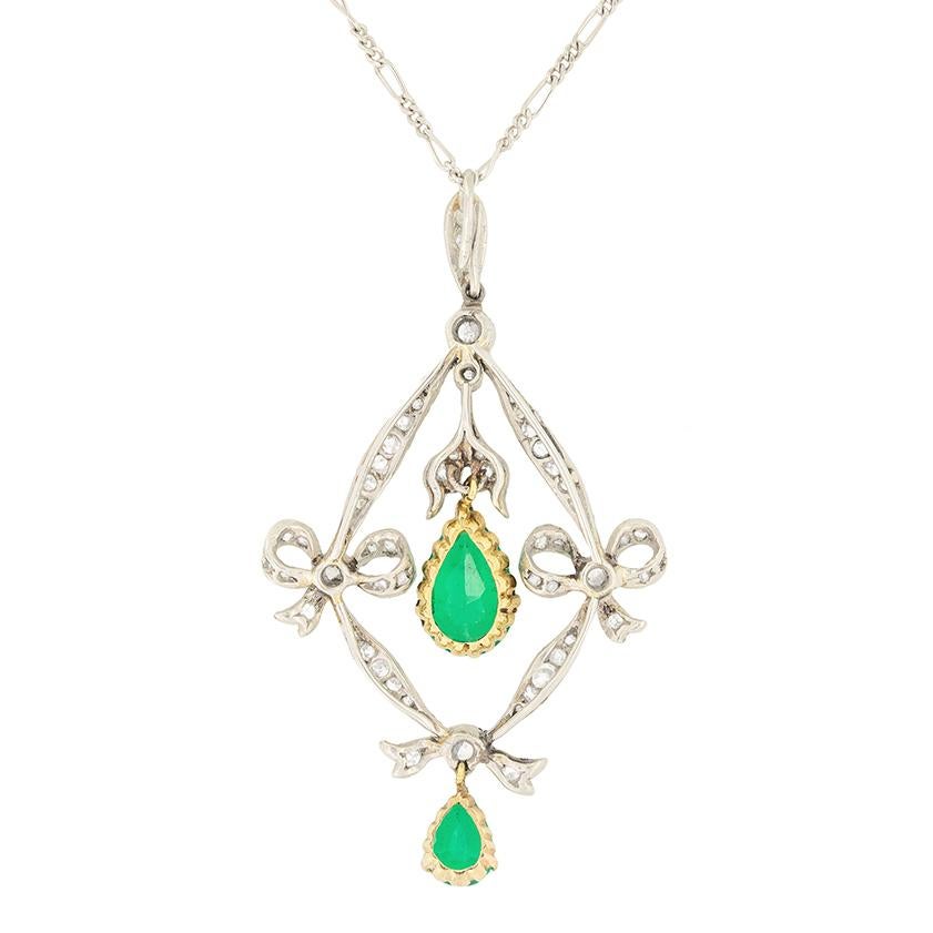 This mesmerising pendant comes to us from the 1920’s Art Deco period. Taking centre stage, an awe inspiring 1.00 carat emerald is set into 18 carat yellow gold. The pear cut emerald is Columbian in origin, with an intense green colour. A smaller,
