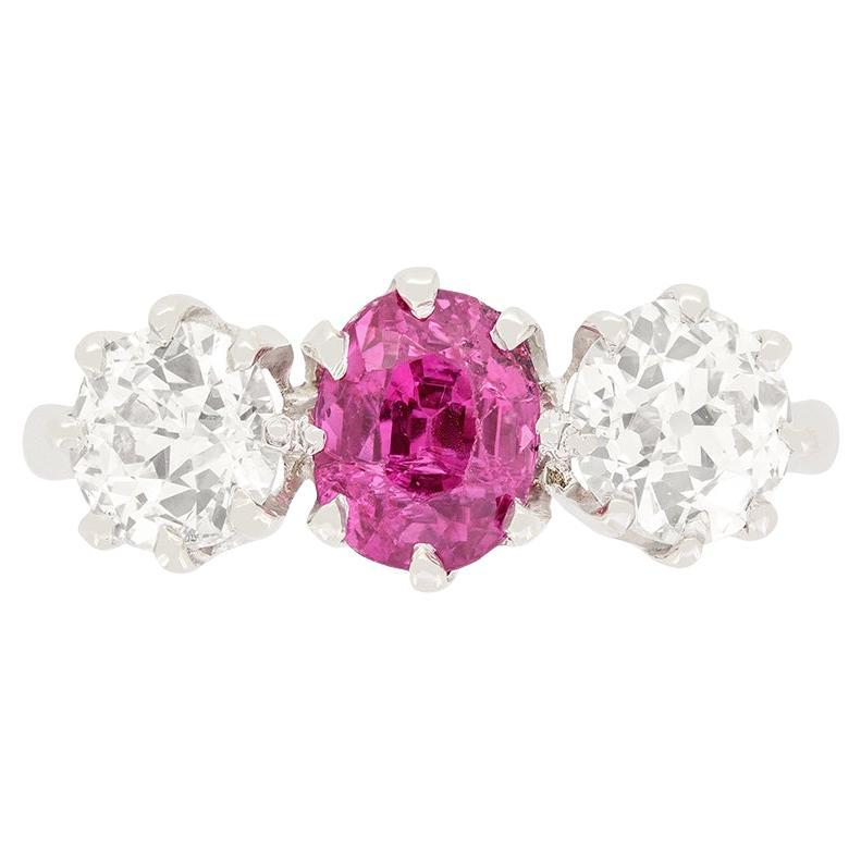 Art Deco 1.50ct Pink Sapphire and Diamond Trilogy Ring, c.1920s For Sale