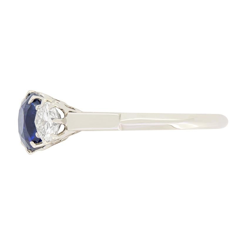 Antique Cushion Cut Art Deco 1.50ct Sapphire and Diamond Trilogy Ring, c.1930s