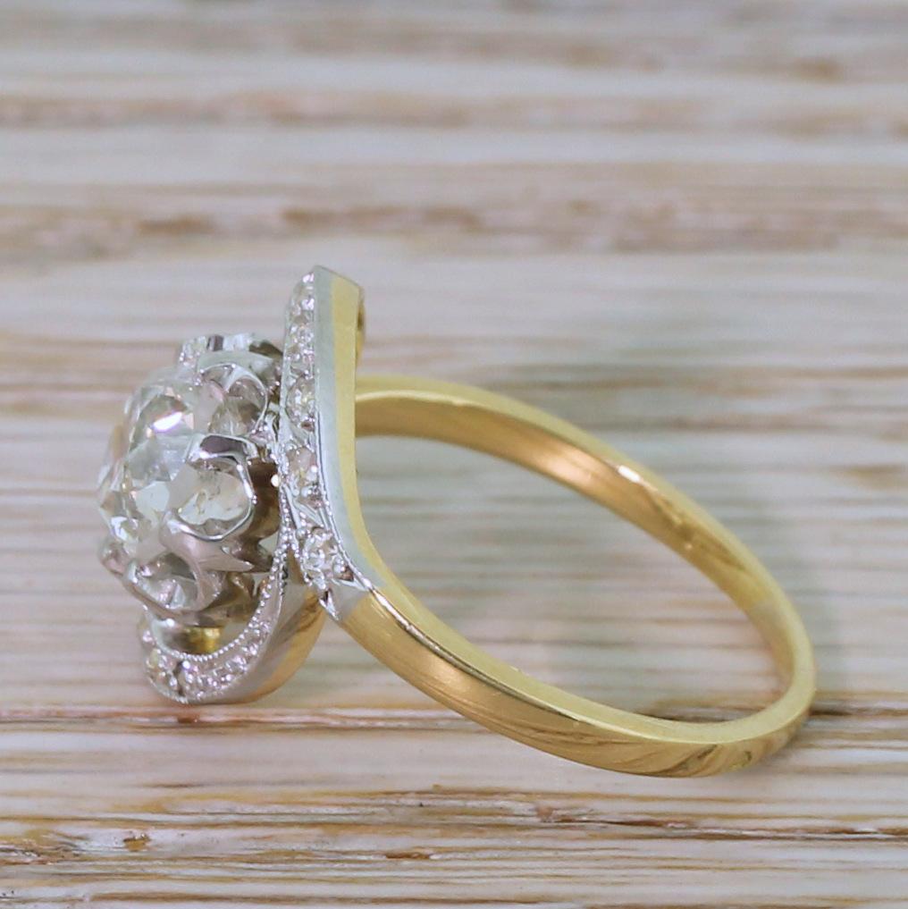 Old Mine Cut Art Deco 1.51 Carat Old Cut Diamond Tourbillon Ring For Sale