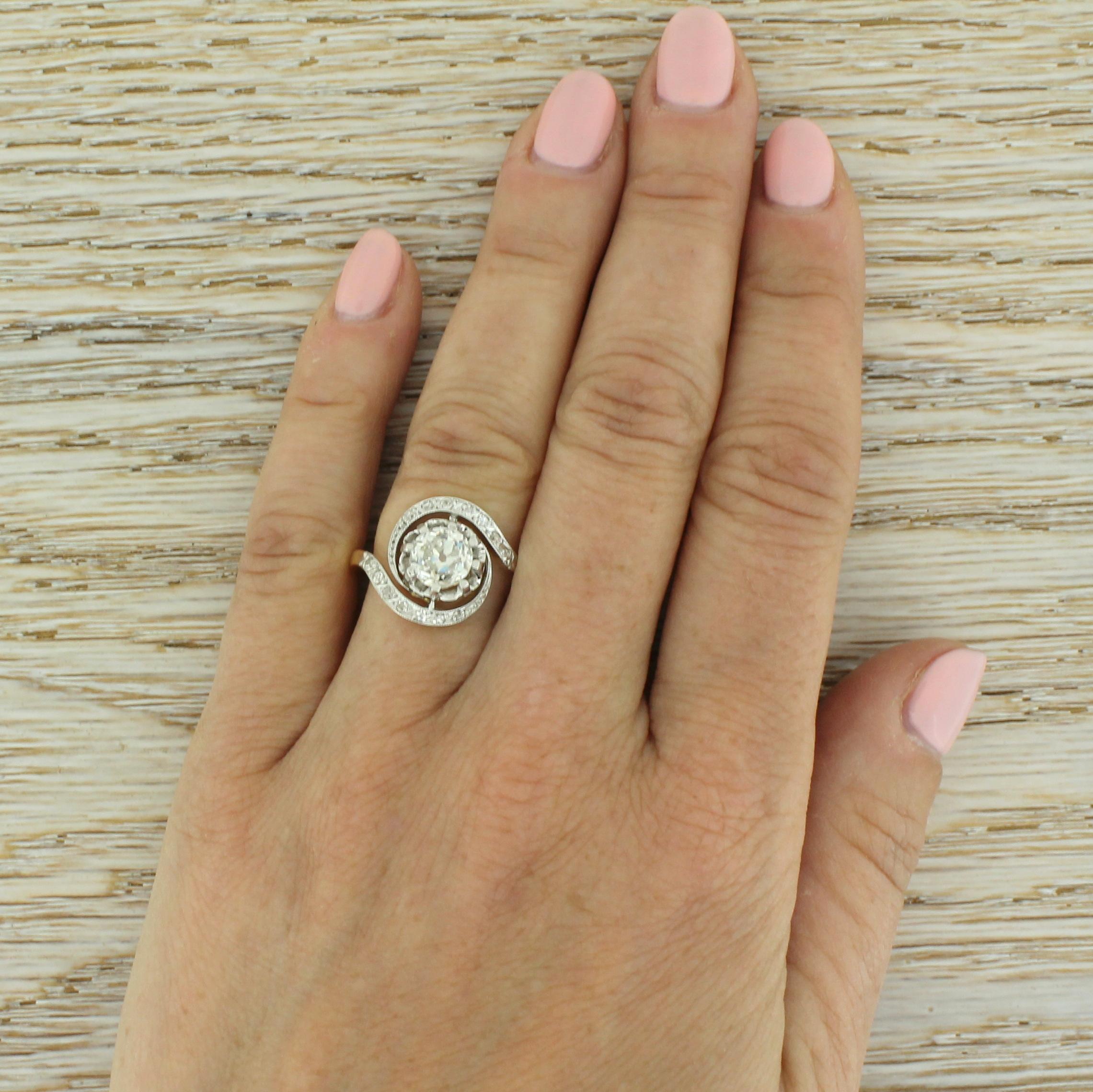 Women's Art Deco 1.51 Carat Old Cut Diamond Tourbillon Ring For Sale