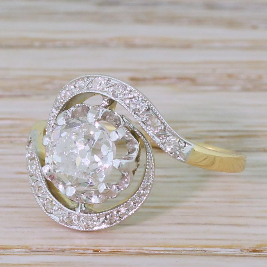Art Deco 1.51 Carat Old Cut Diamond Tourbillon Ring For Sale 3