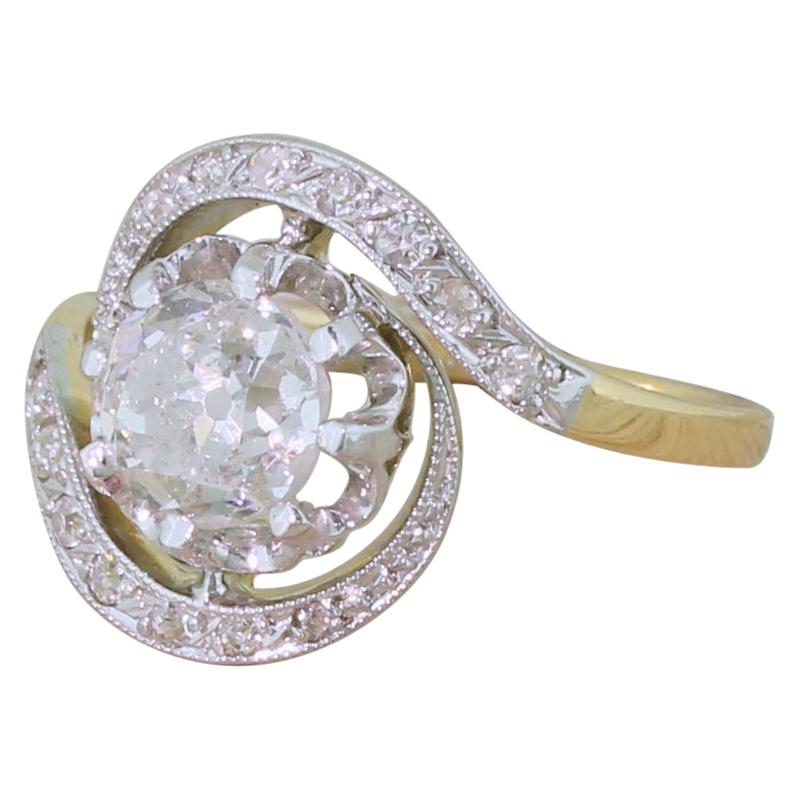Art Deco 1.51 Carat Old Cut Diamond Tourbillon Ring For Sale