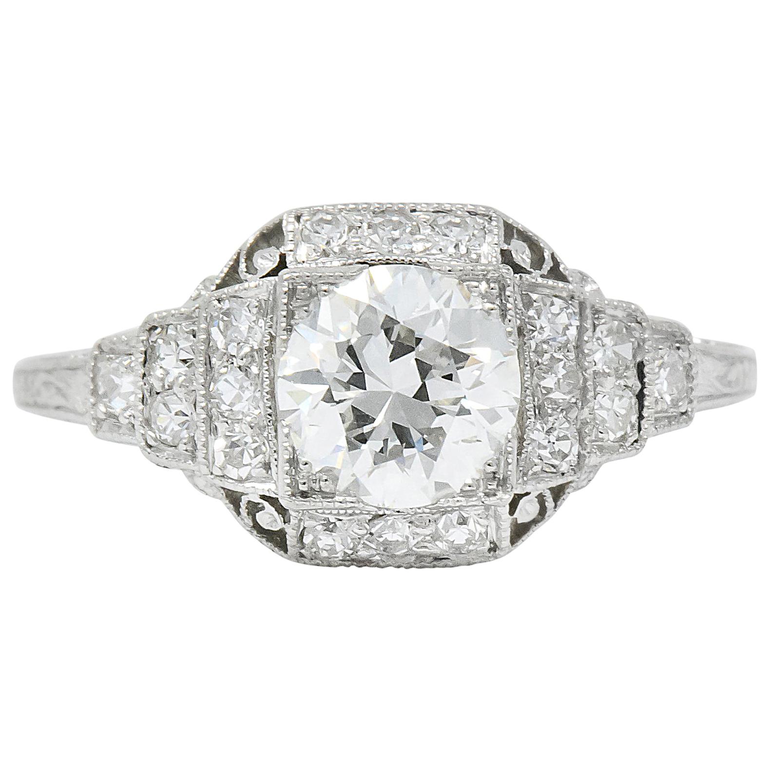 Art Deco 1.51 Carat Diamond Platinum Engagement Ring GIA