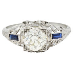 Art Deco 1.51 Ctw Old European Cut Diamond Sapphire Platinum Ivy Engagement Ring