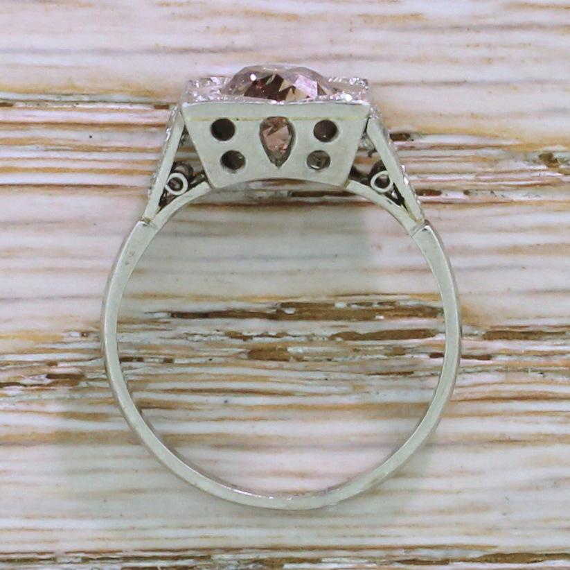 Women's Art Deco 1.52 Carat Fancy Orangey Brown Old Cut Diamond Platinum Ring