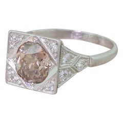 Antique Art Deco 1.52 Carat Fancy Orangey Brown Old Cut Diamond Platinum Ring