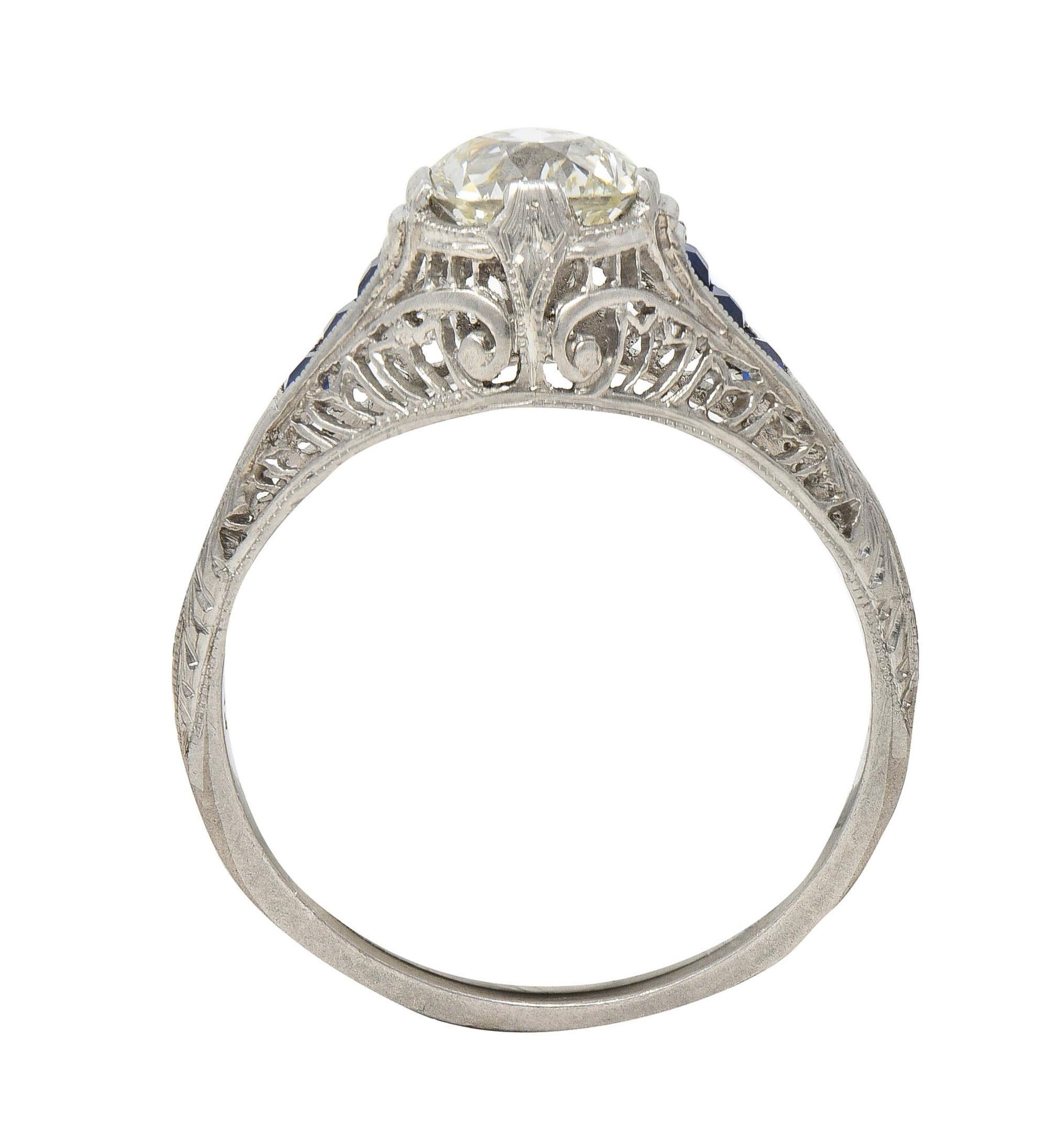 Art Deco 1.52 CTW Old Mine Cut Diamond Sapphire Platinum Vintage Engagement Ring For Sale 6