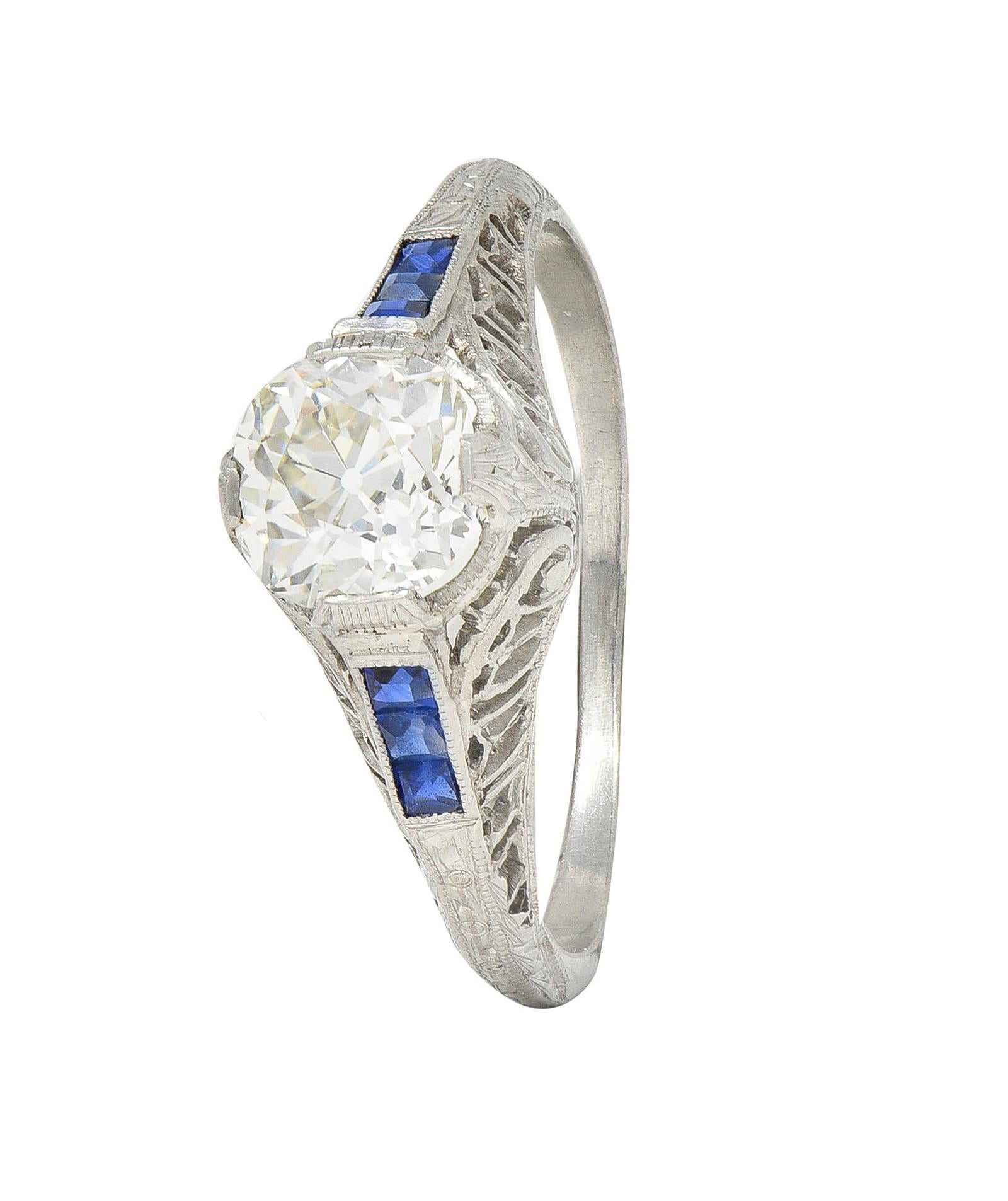 Art Deco 1.52 CTW Old Mine Cut Diamond Sapphire Platinum Vintage Engagement Ring For Sale 7