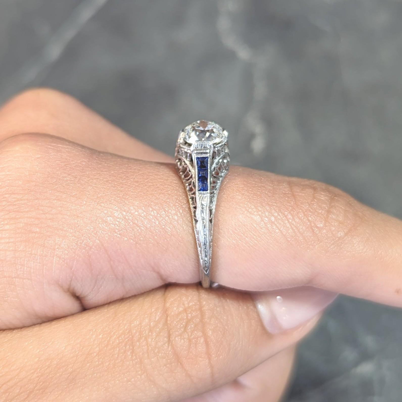 Art Deco 1.52 CTW Old Mine Cut Diamond Sapphire Platinum Vintage Engagement Ring For Sale 9
