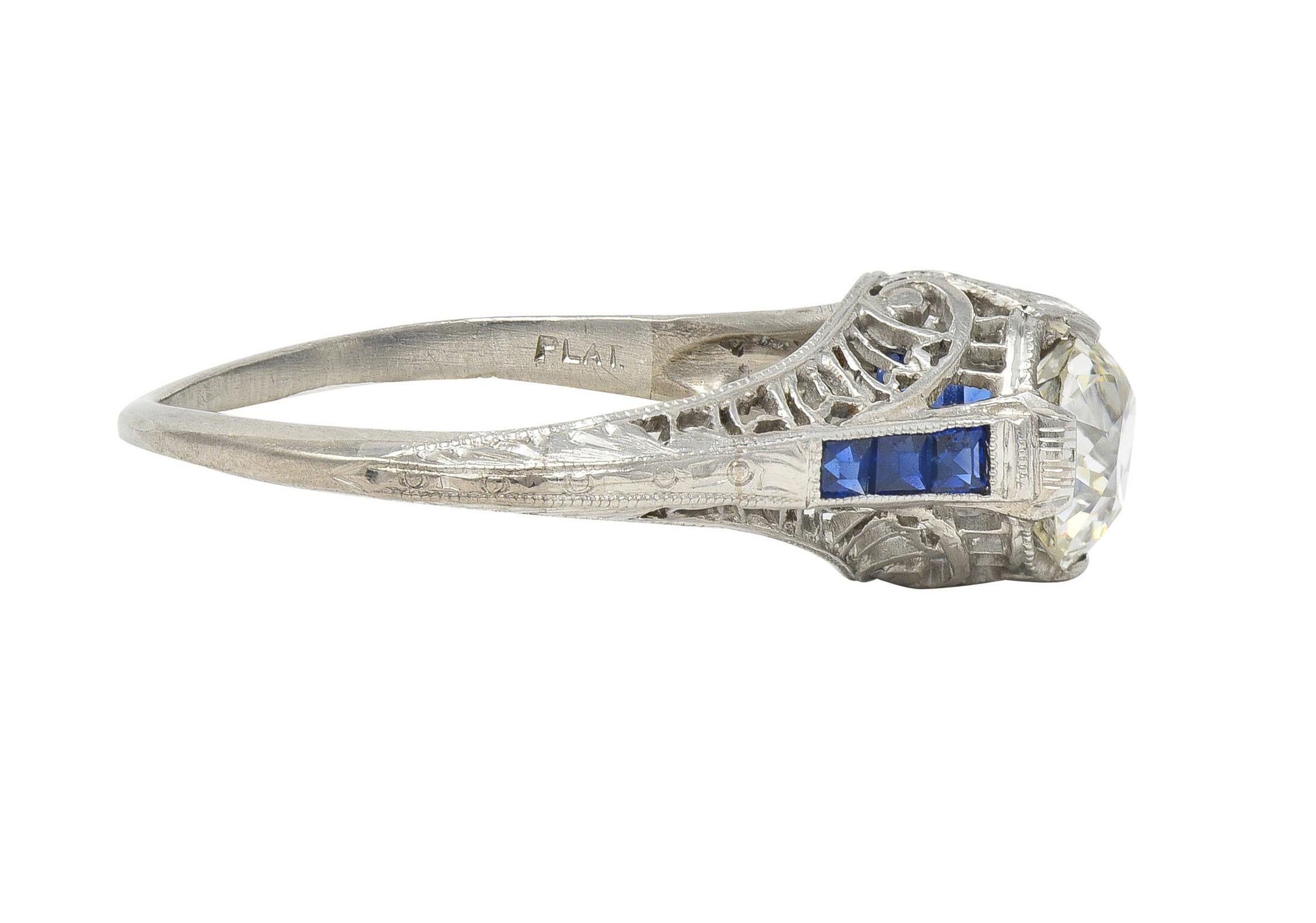 Women's or Men's Art Deco 1.52 CTW Old Mine Cut Diamond Sapphire Platinum Vintage Engagement Ring For Sale