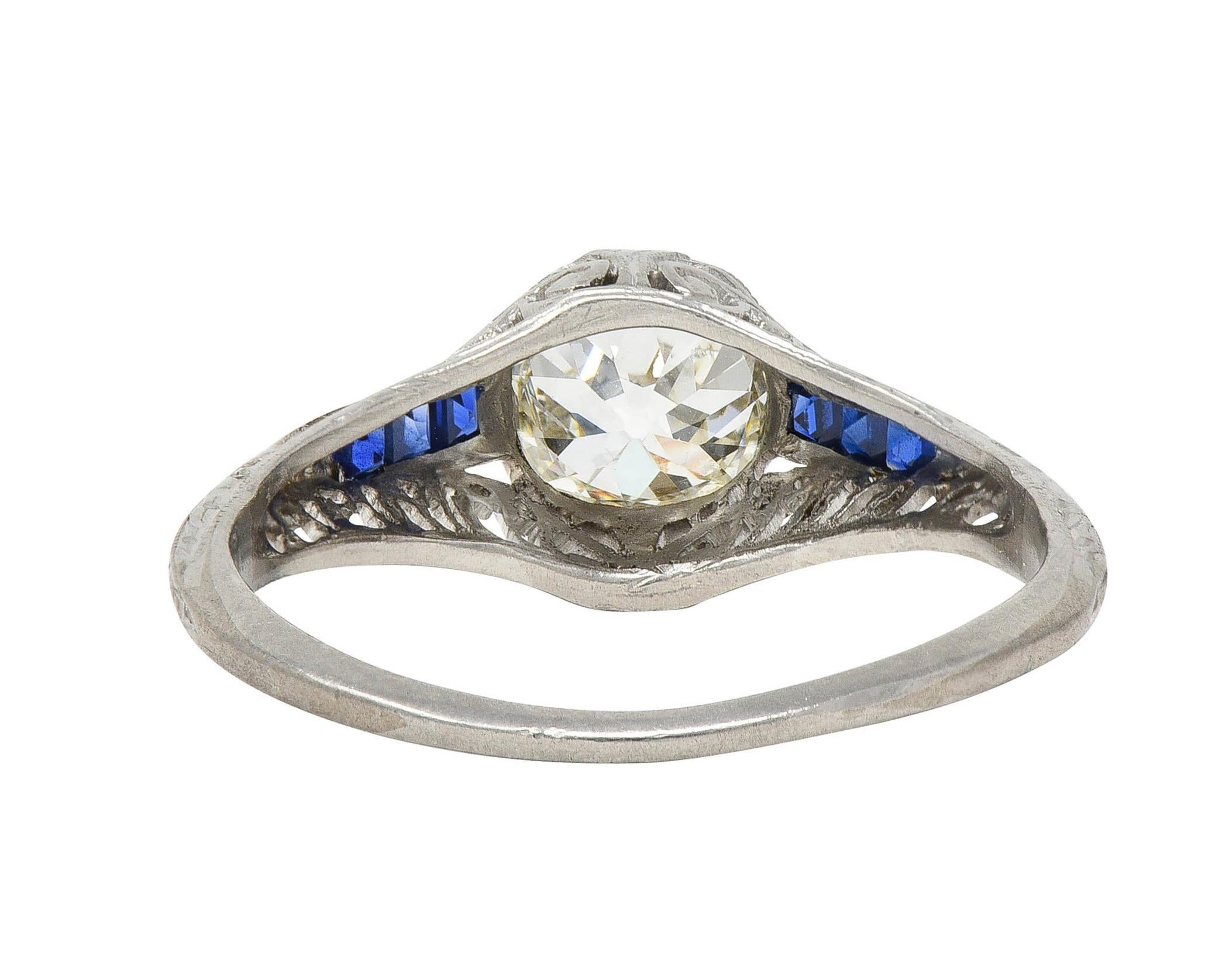 Art Deco 1.52 CTW Old Mine Cut Diamond Sapphire Platinum Vintage Engagement Ring For Sale 1