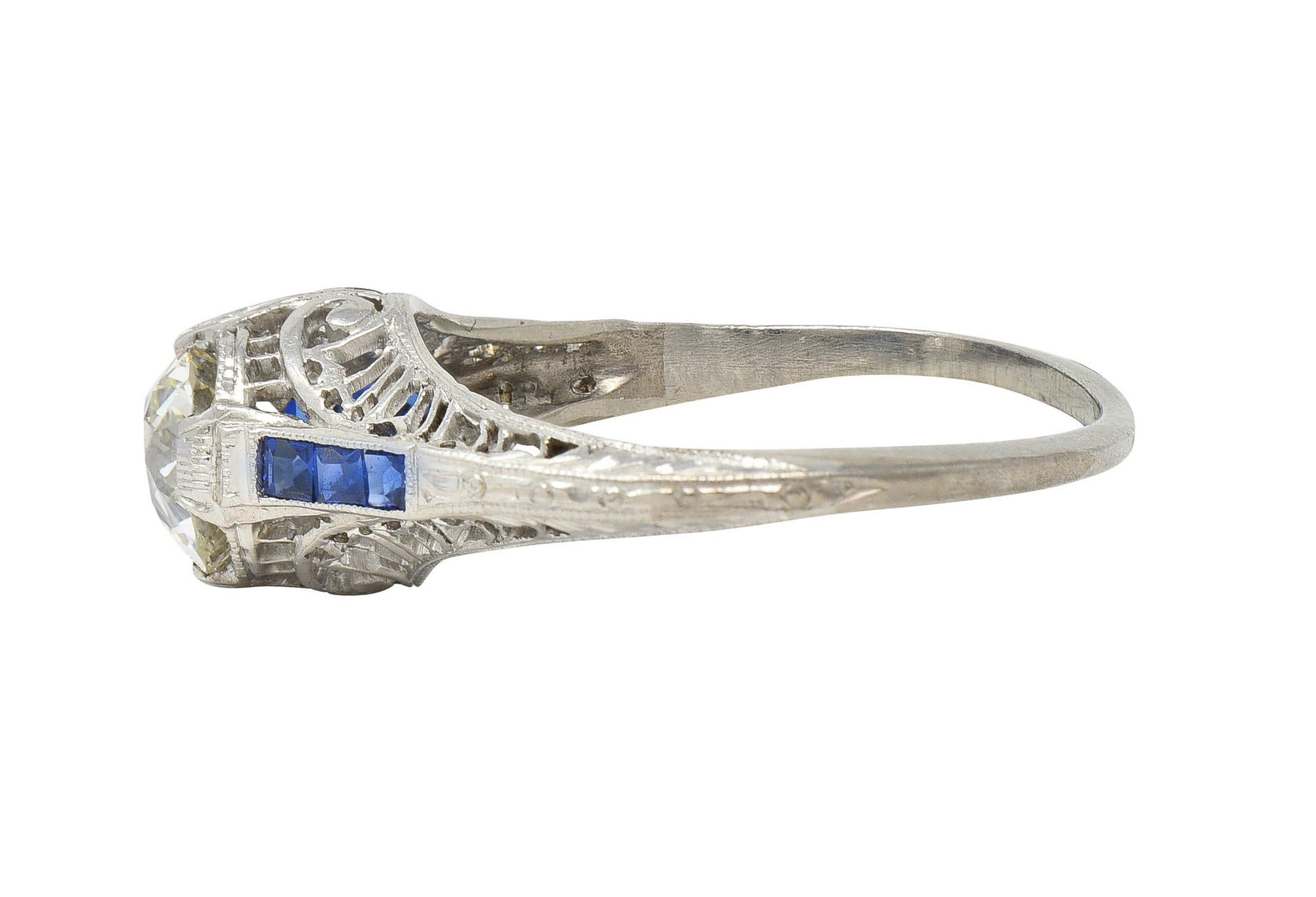 Art Deco 1.52 CTW Old Mine Cut Diamond Sapphire Platinum Vintage Engagement Ring For Sale 2