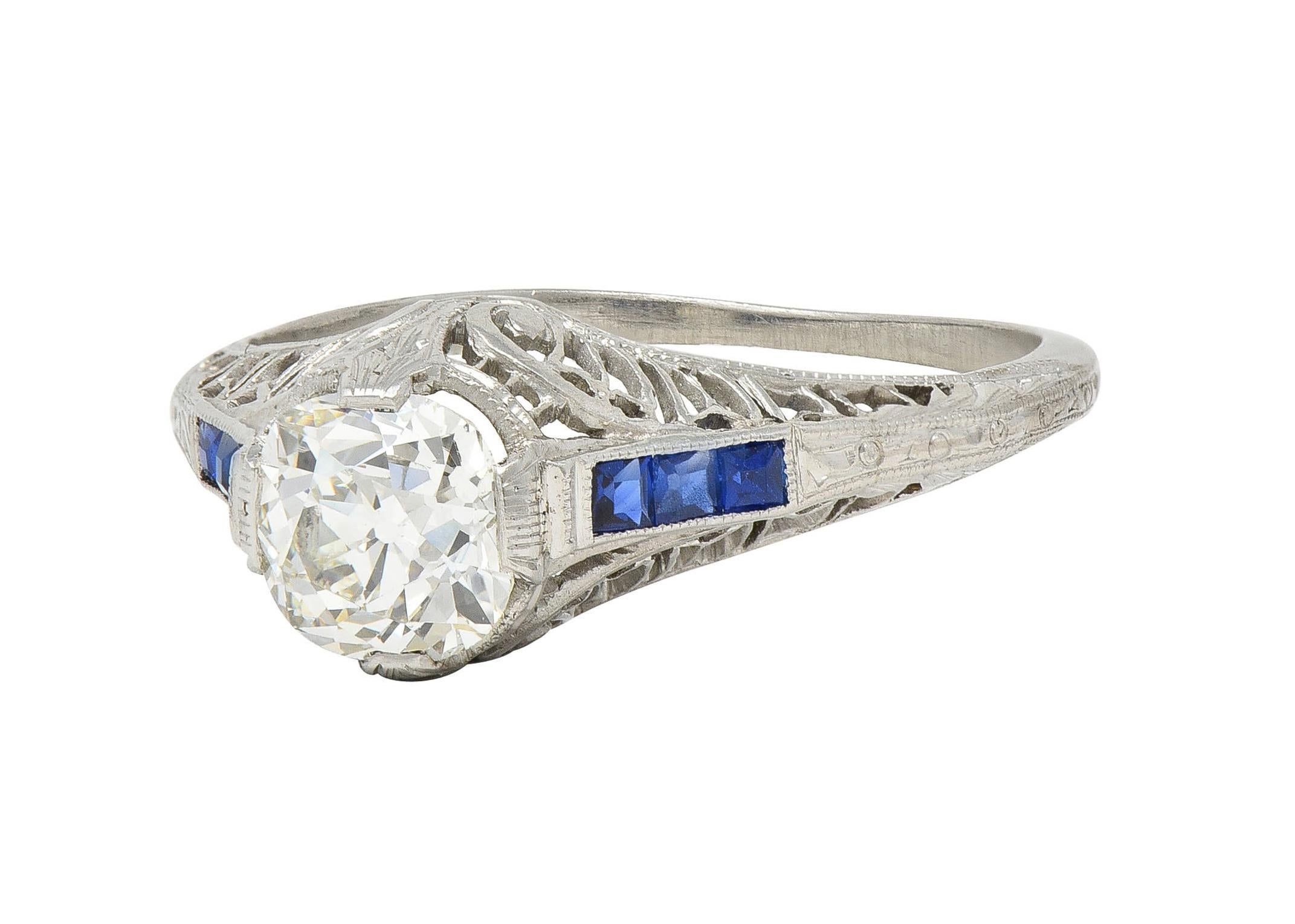 Art Deco 1.52 CTW Old Mine Cut Diamond Sapphire Platinum Vintage Engagement Ring For Sale 3