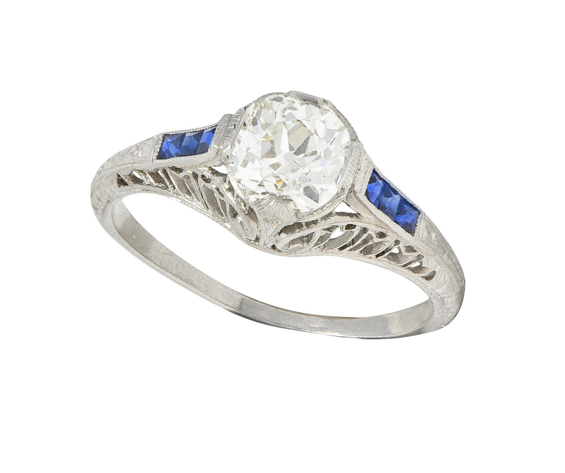 Art Deco 1.52 CTW Old Mine Cut Diamond Sapphire Platinum Vintage Engagement Ring For Sale 5