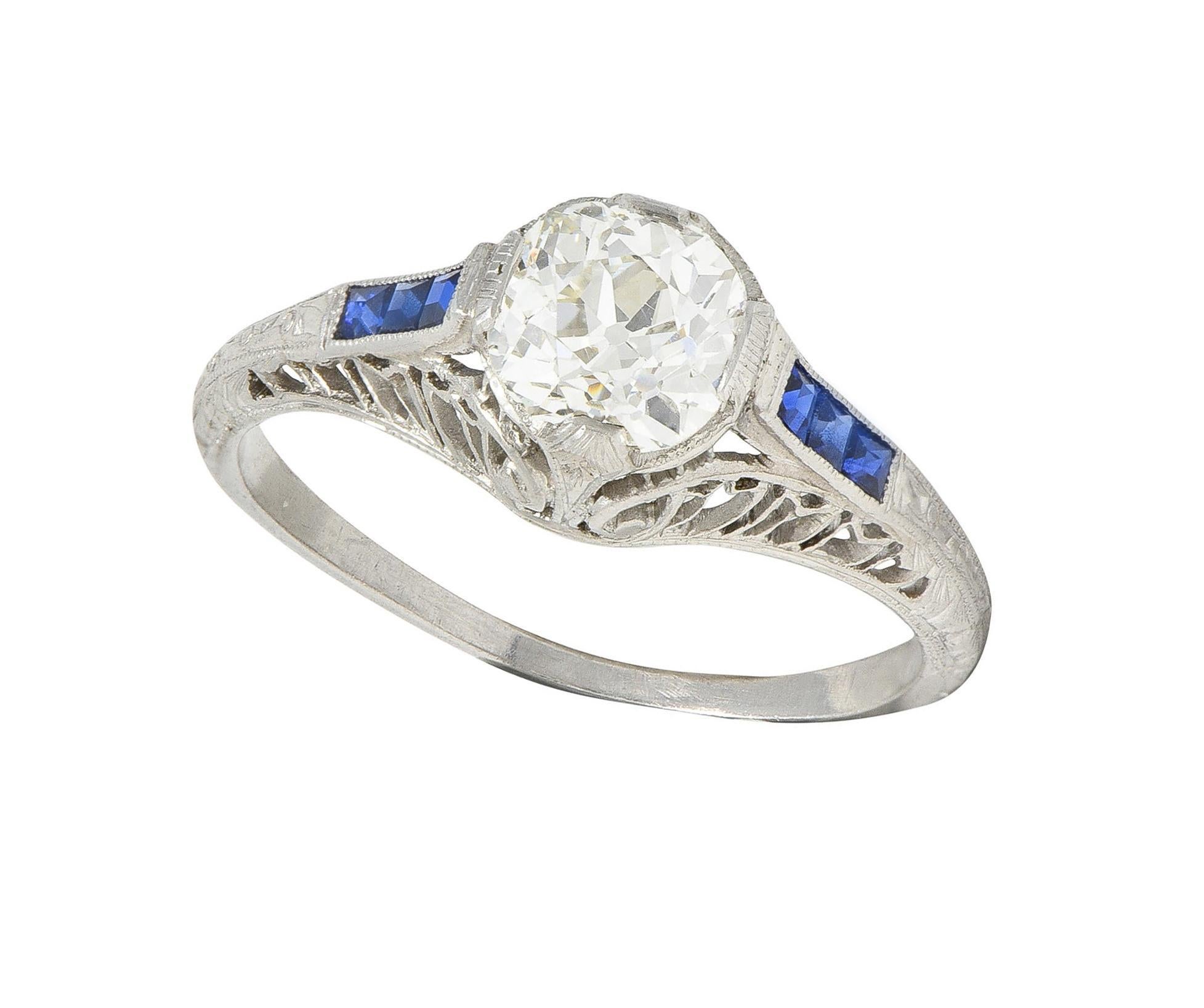 Art Deco 1.52 CTW Old Mine Cut Diamond Sapphire Platinum Vintage Engagement Ring 5