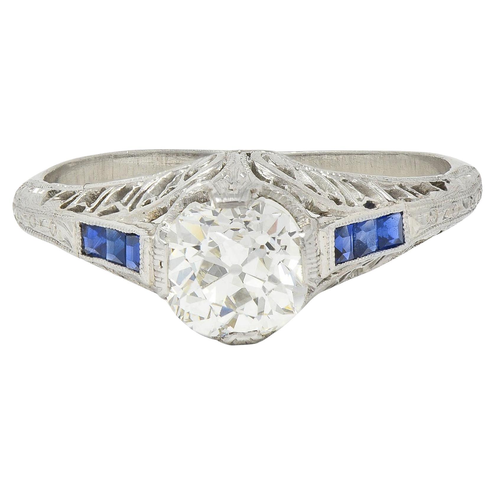 Art Deco 1,52 Karat Old Mine Cut Diamant Saphir Platin Vintage Verlobungsring