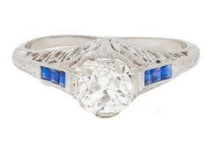 Art Deco 1,52 Karat Old Mine Cut Diamant Saphir Platin Vintage Verlobungsring