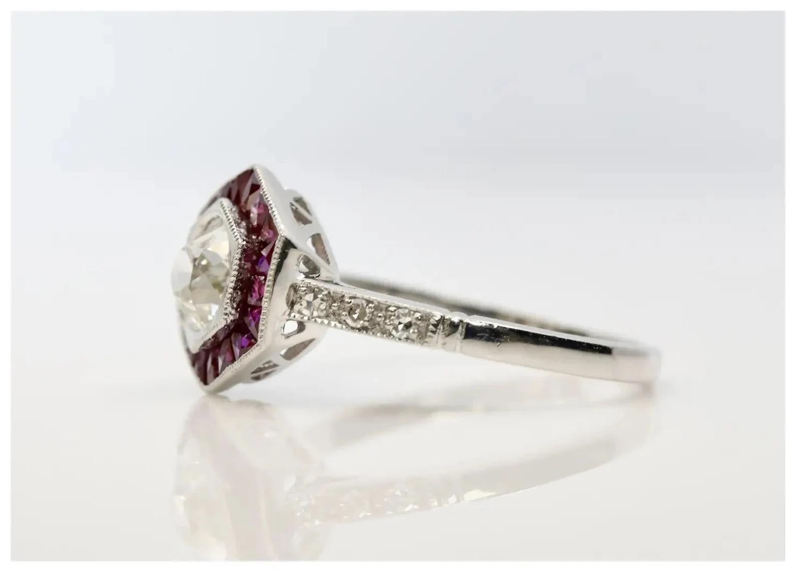 Art Deco 1.53 CTW Diamond & French Cut Ruby Engagement Ring in Platinum In Good Condition For Sale In Boston, MA
