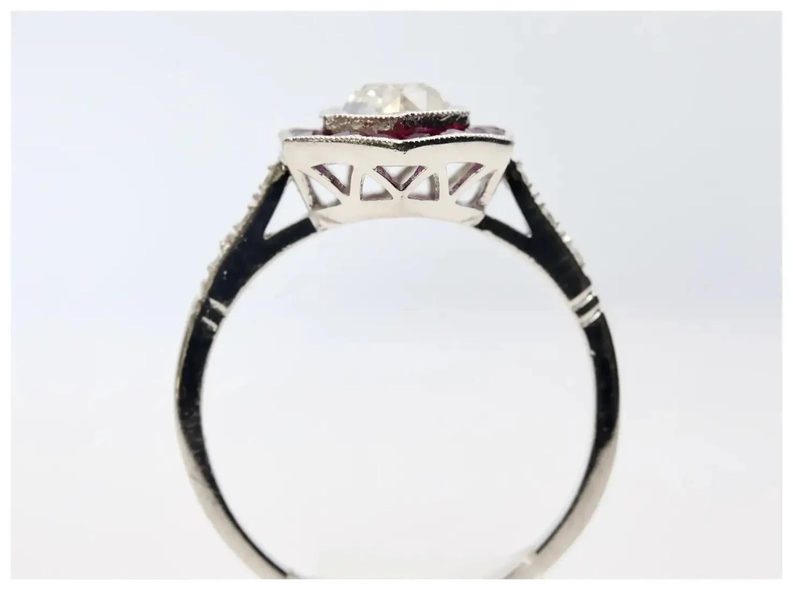 Women's Art Deco 1.53 CTW Diamond & French Cut Ruby Engagement Ring in Platinum For Sale