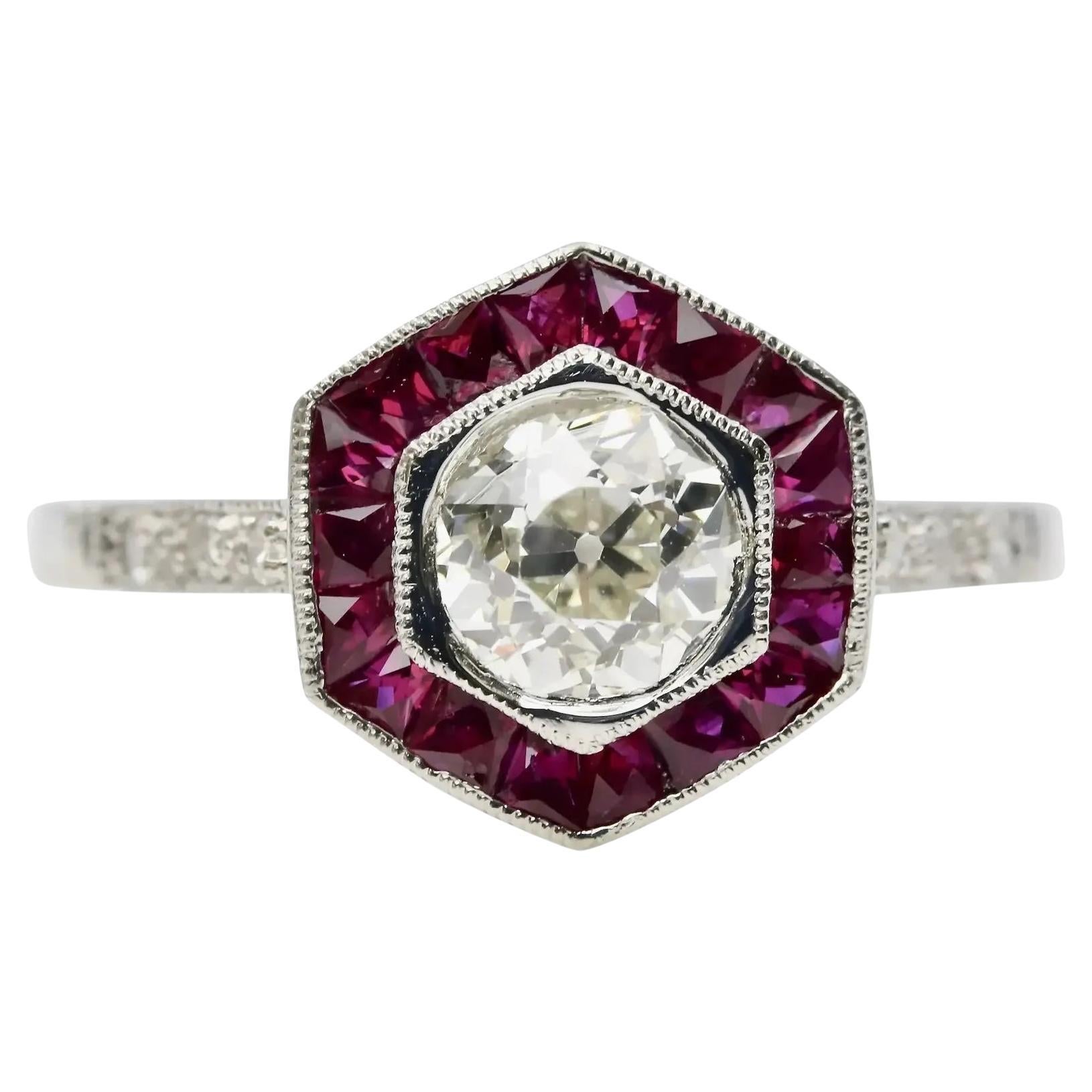 Bague de fiançailles Art déco en platine avec diamants 1,53 carat et rubis de taille française