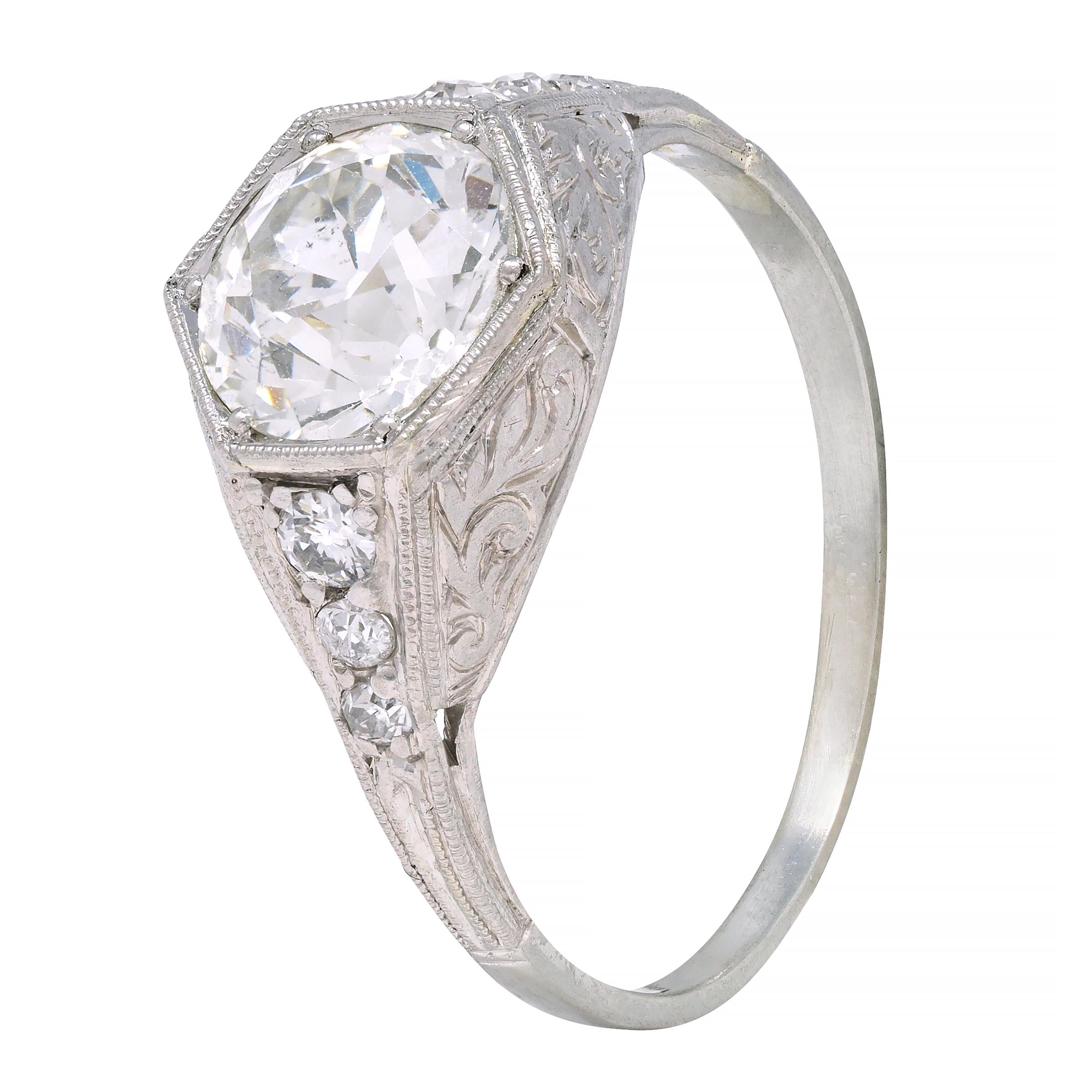Art Deco 1.53 CTW Diamond Platinum Hexagonal Vintage Engagement Ring GIA In Excellent Condition In Philadelphia, PA