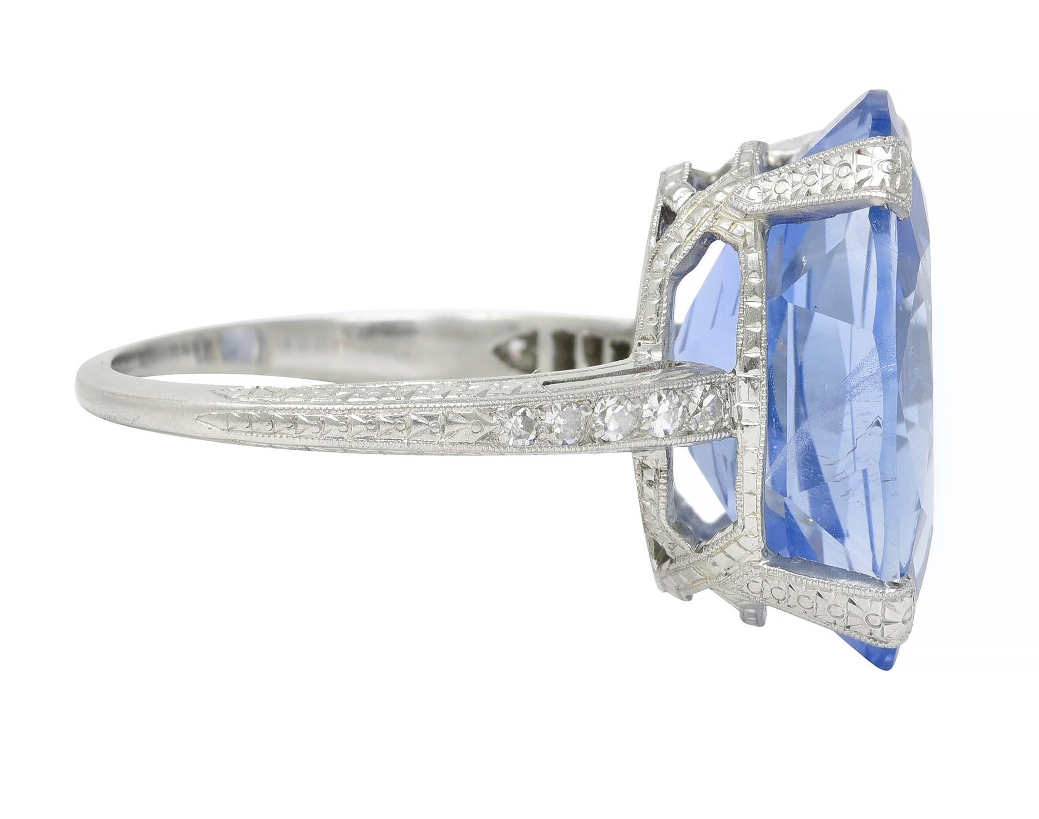 Art Deco 15.41 CTW No Heat Ceylon Sapphire Diamond Platinum Wheat Ring GIA In Excellent Condition For Sale In Philadelphia, PA