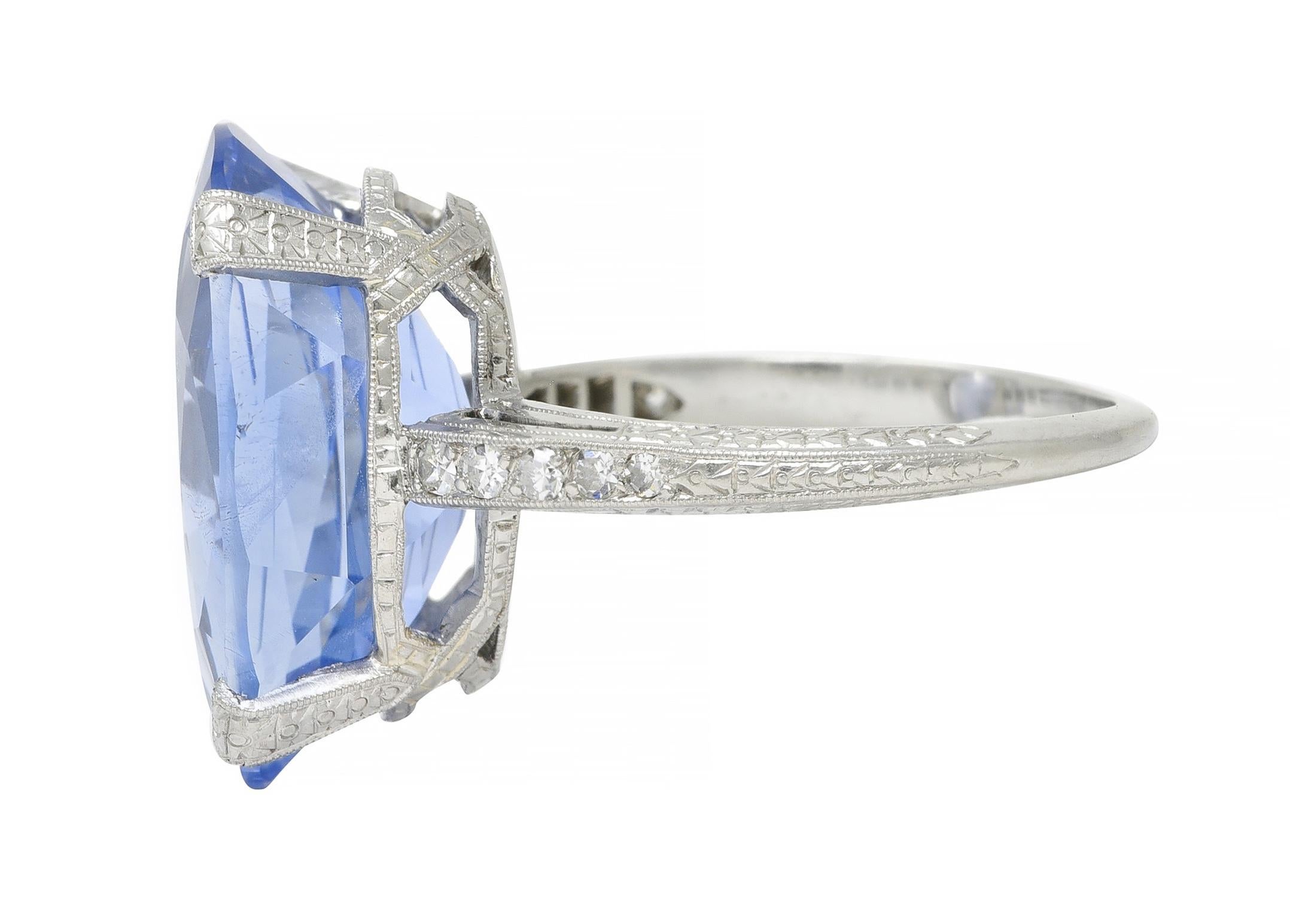 Art Deco 15.41 CTW No Heat Ceylon Sapphire Diamond Platinum Wheat Ring GIA For Sale 1