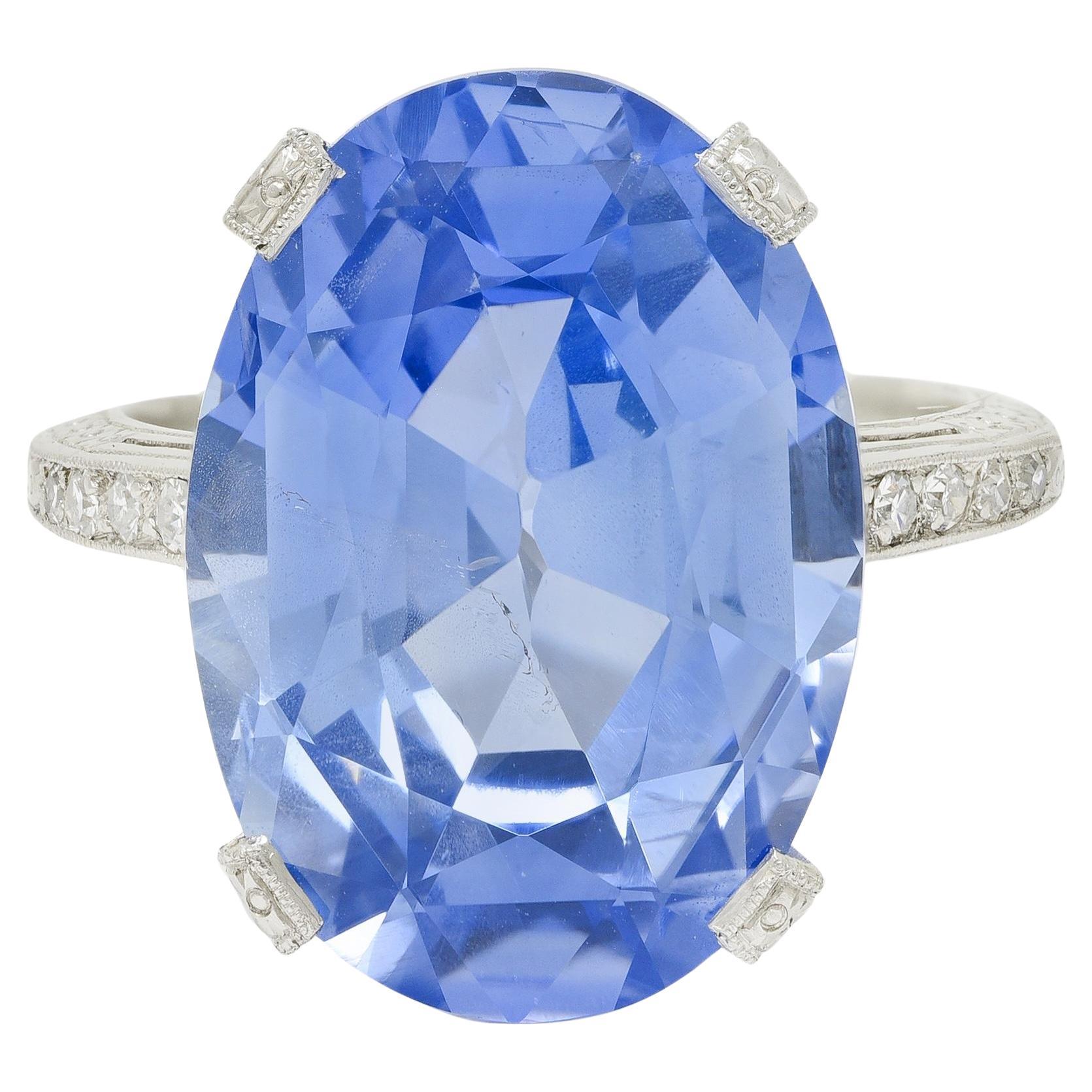 Art Deco 15.41 CTW No Heat Ceylon Sapphire Diamond Platinum Wheat Ring GIA For Sale