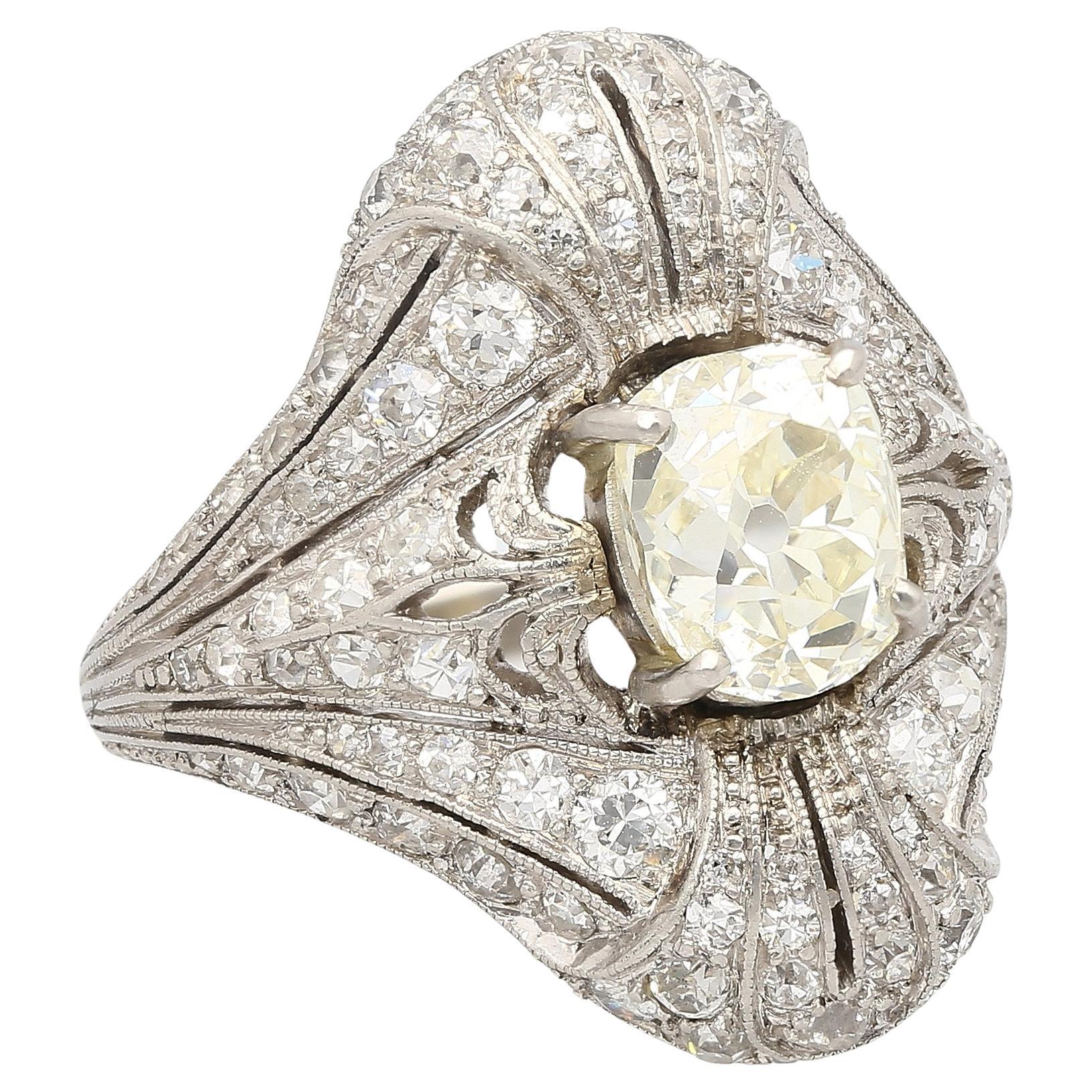 Art Deco 1.55 Carat Old European Cut Diamond Milgrain Filigree Platinum Ring