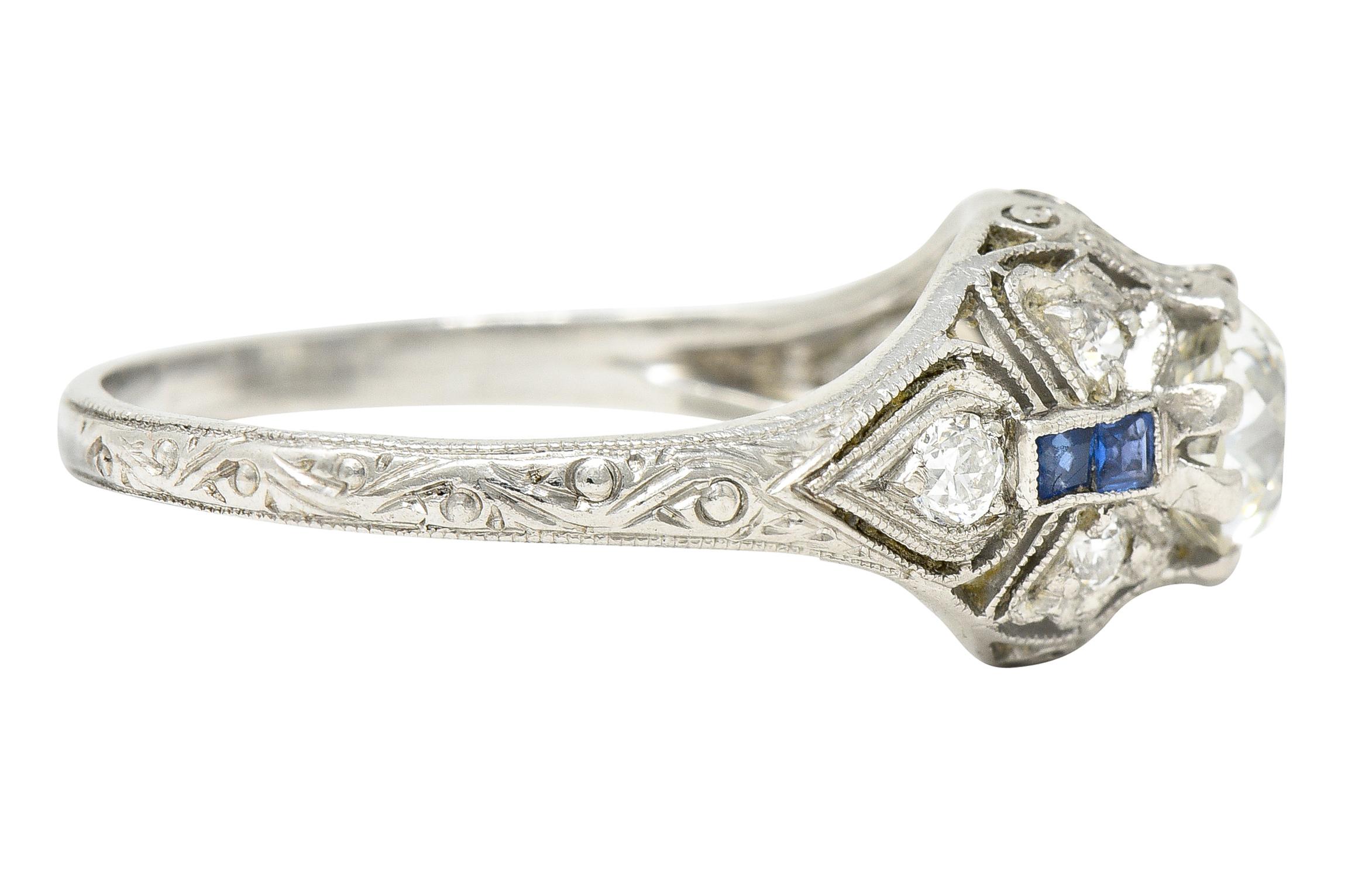 Art Deco 1.55 Carats Old European Diamond Sapphire Platinum Clover Vintage Engag In Excellent Condition For Sale In Philadelphia, PA