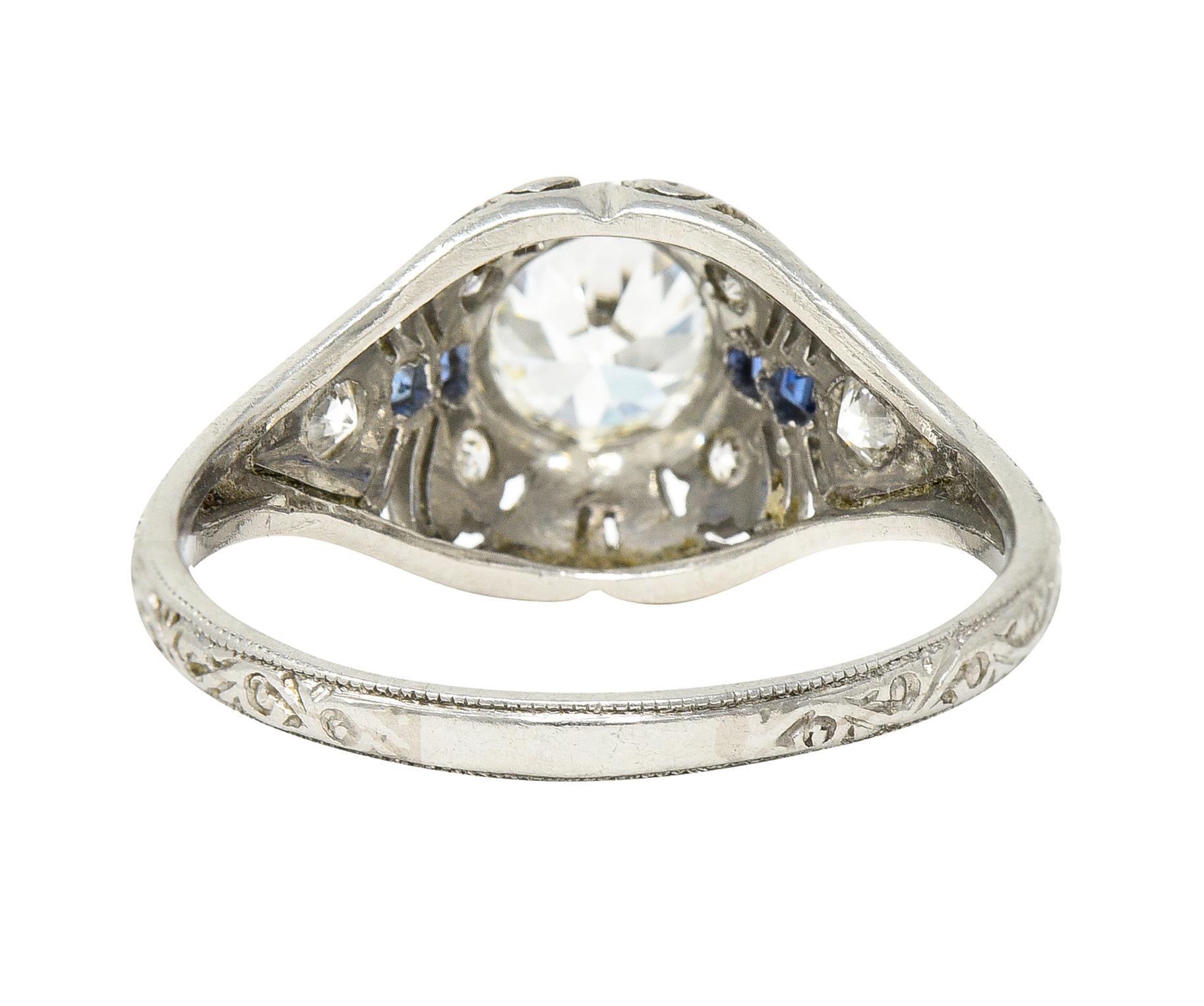 Women's or Men's Art Deco 1.55 Carats Old European Diamond Sapphire Platinum Clover Vintage Engag For Sale