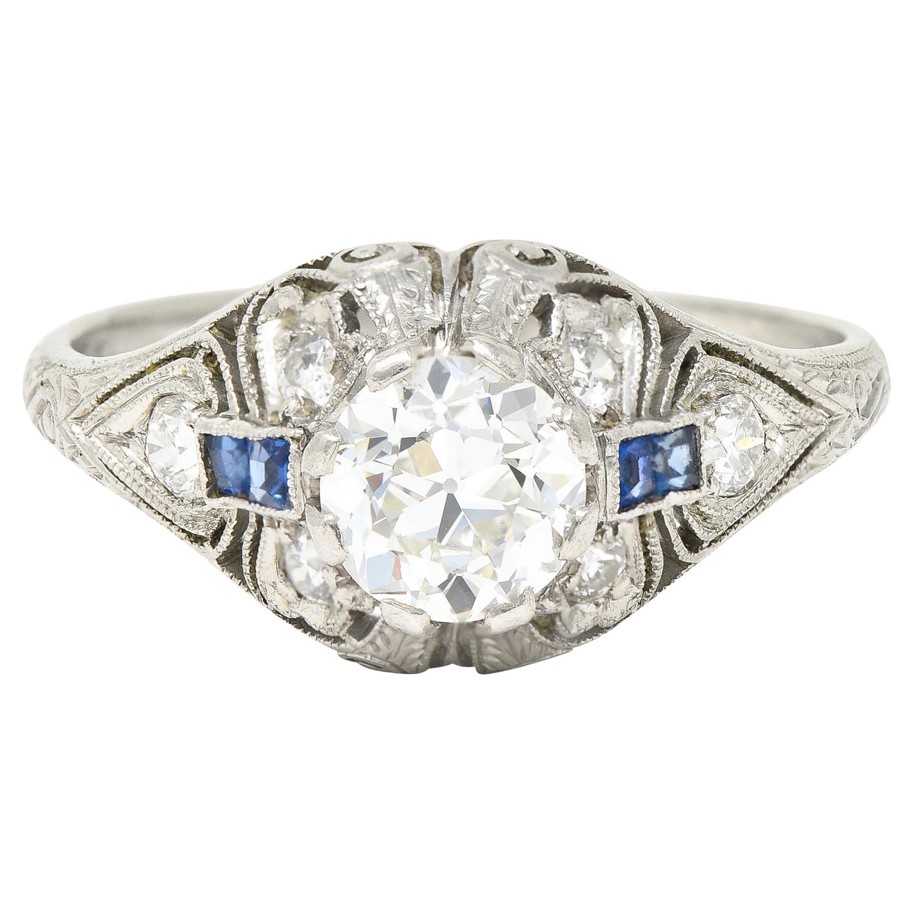 Art Deco 1.55 Carats Old European Diamond Sapphire Platinum Clover Vintage Engag For Sale