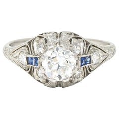 Art Deco 1.55 Carats Old European Diamond Sapphire Platinum Clover Vintage Engag