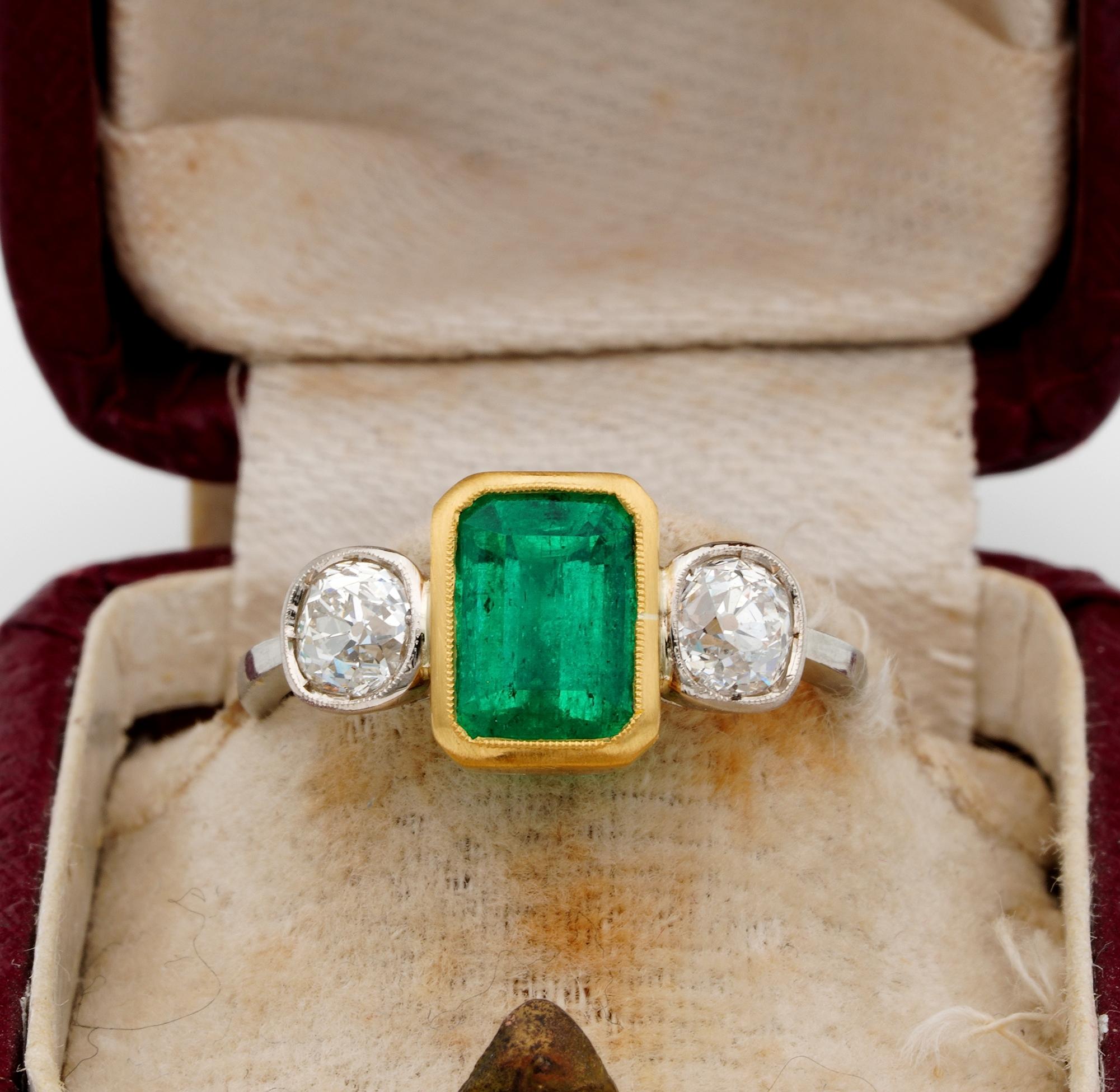 Art Deco 1.55 Carat Colombian Emerald 1.20 Old Mine Diamond Three-Stone ...