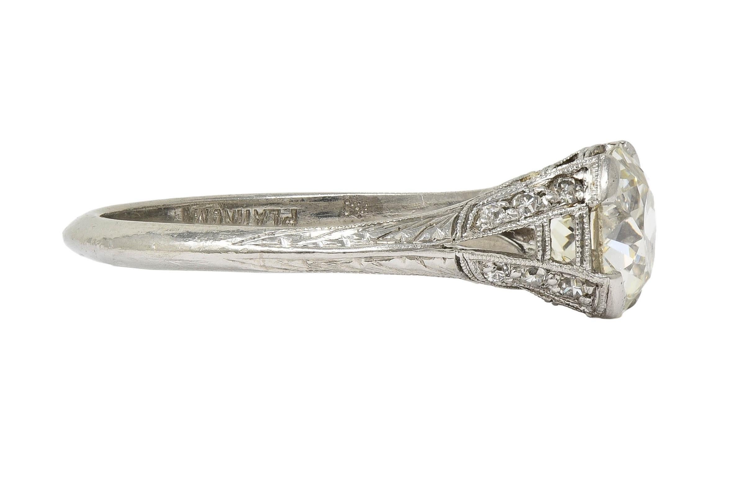 Art Deco 1,55 Karat Old Mine Cut Diamant Platin Vintage Verlobungsring mit Fächerschliff (Rundschliff) im Angebot