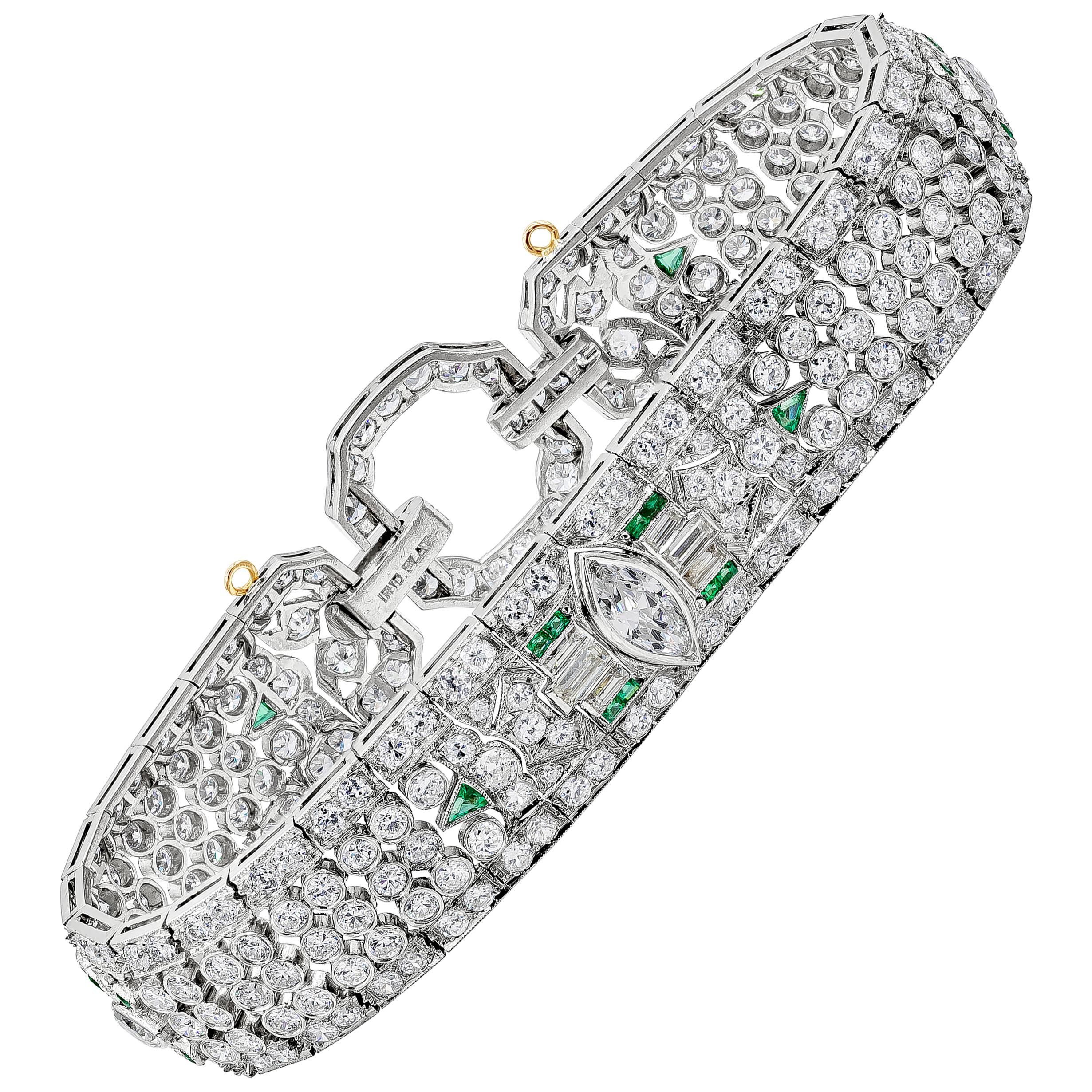 15.50 Carats Total Mixed-Cut Diamond and Emerald Antique Fashion Bracelet For Sale