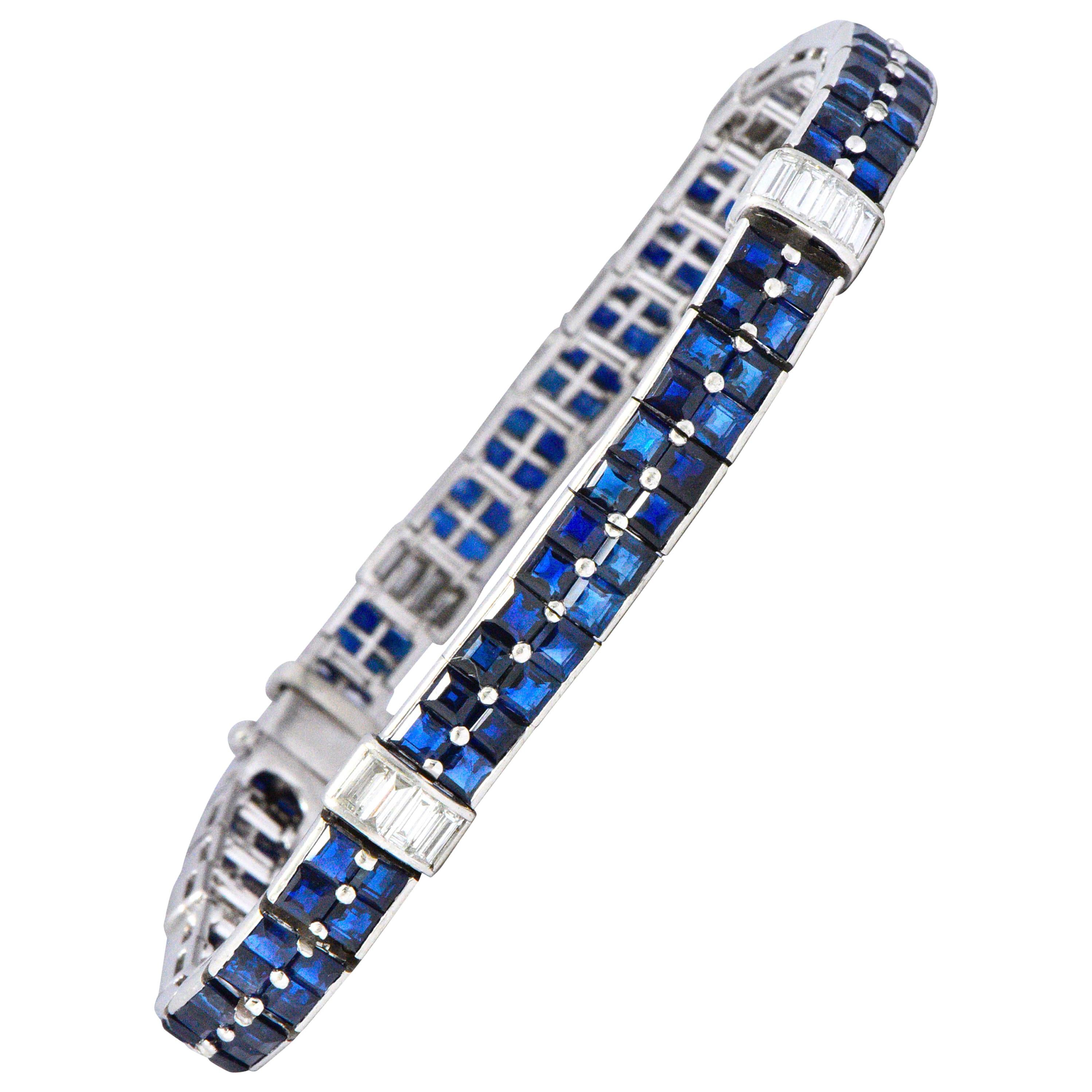 Art Deco 15.50 Carat Total Sapphire Diamond Platinum Line Bracelet