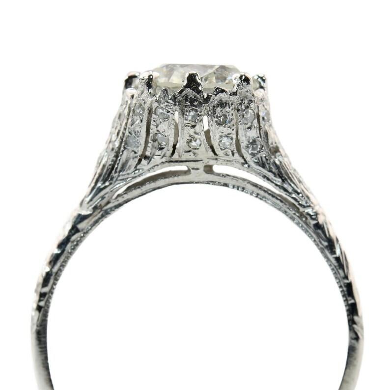 Art Deco 1.55ct European Cut Diamond Engagement Ring in Platinum Circa 1920's In Good Condition For Sale In Boston, MA