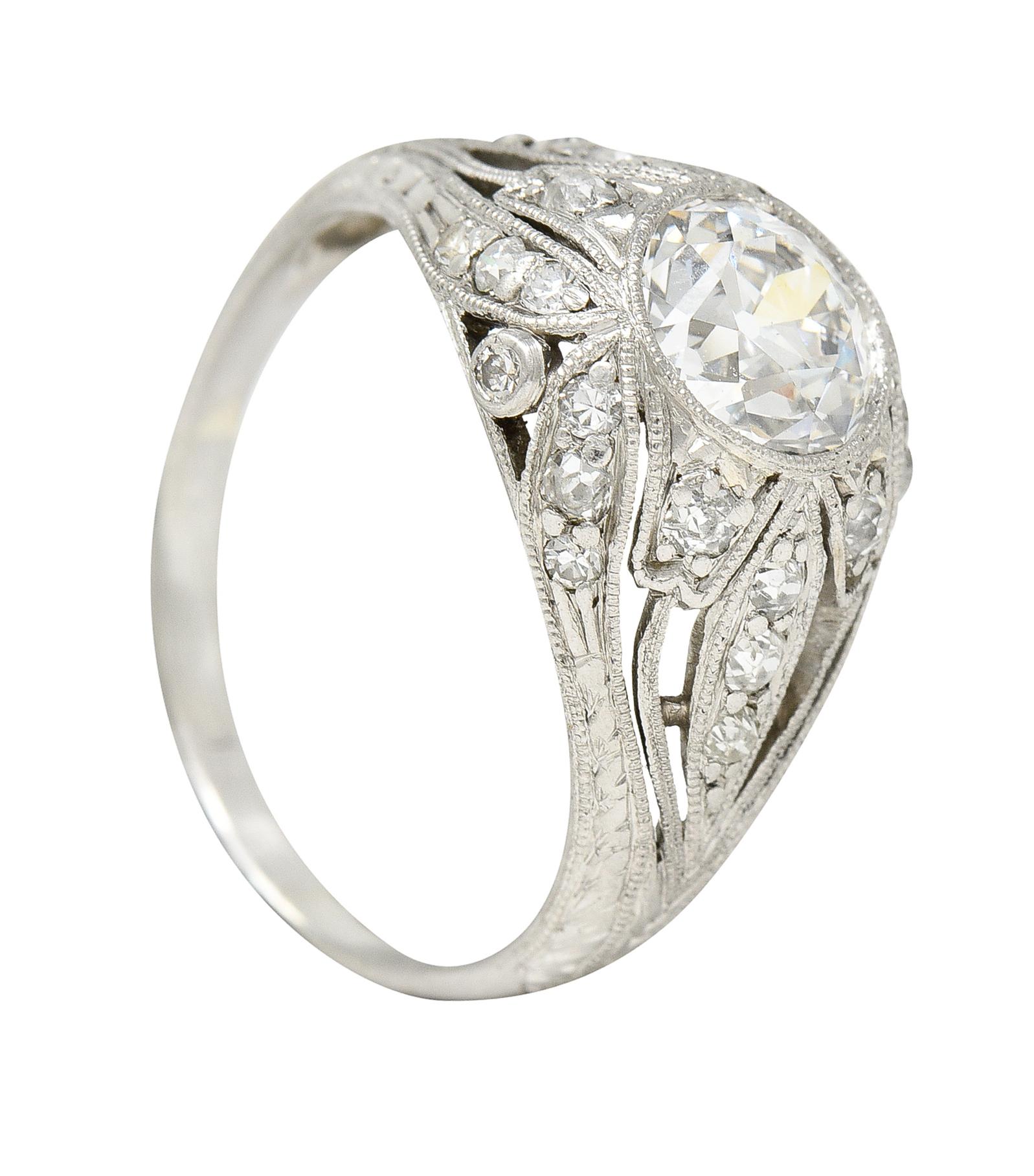 Art Deco 1.56 Carats Old European Cut Diamond Platinum Engagement Ring GIA For Sale 6