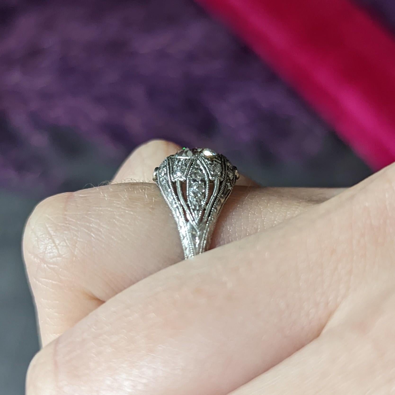 Art Deco 1.56 Carats Old European Cut Diamond Platinum Engagement Ring GIA For Sale 8