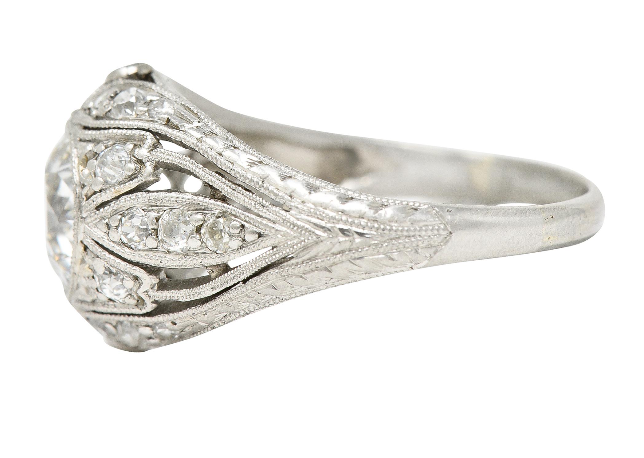 Women's or Men's Art Deco 1.56 Carats Old European Cut Diamond Platinum Engagement Ring GIA For Sale