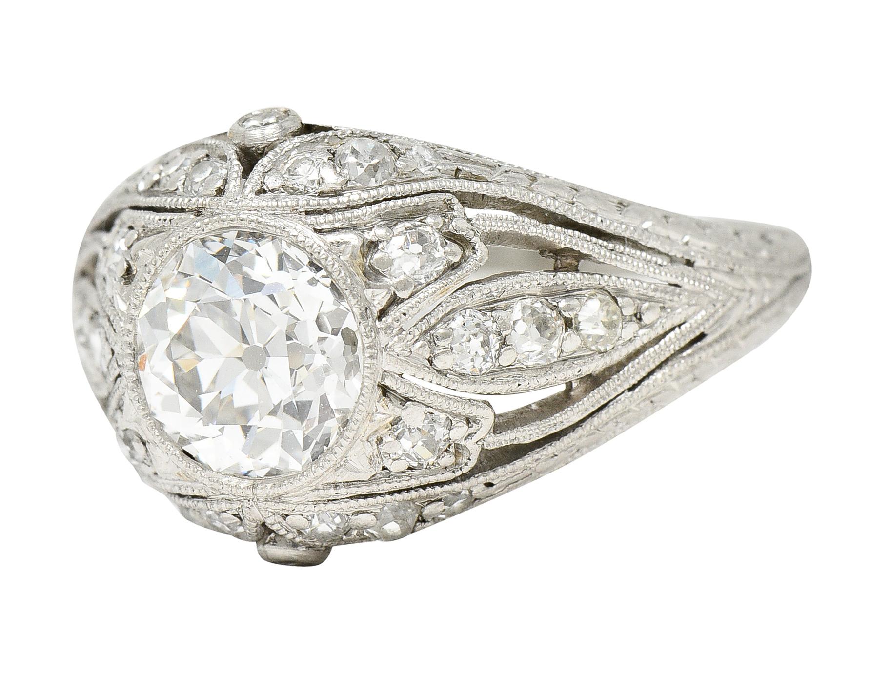 Art Deco 1.56 Carats Old European Cut Diamond Platinum Engagement Ring GIA For Sale 1