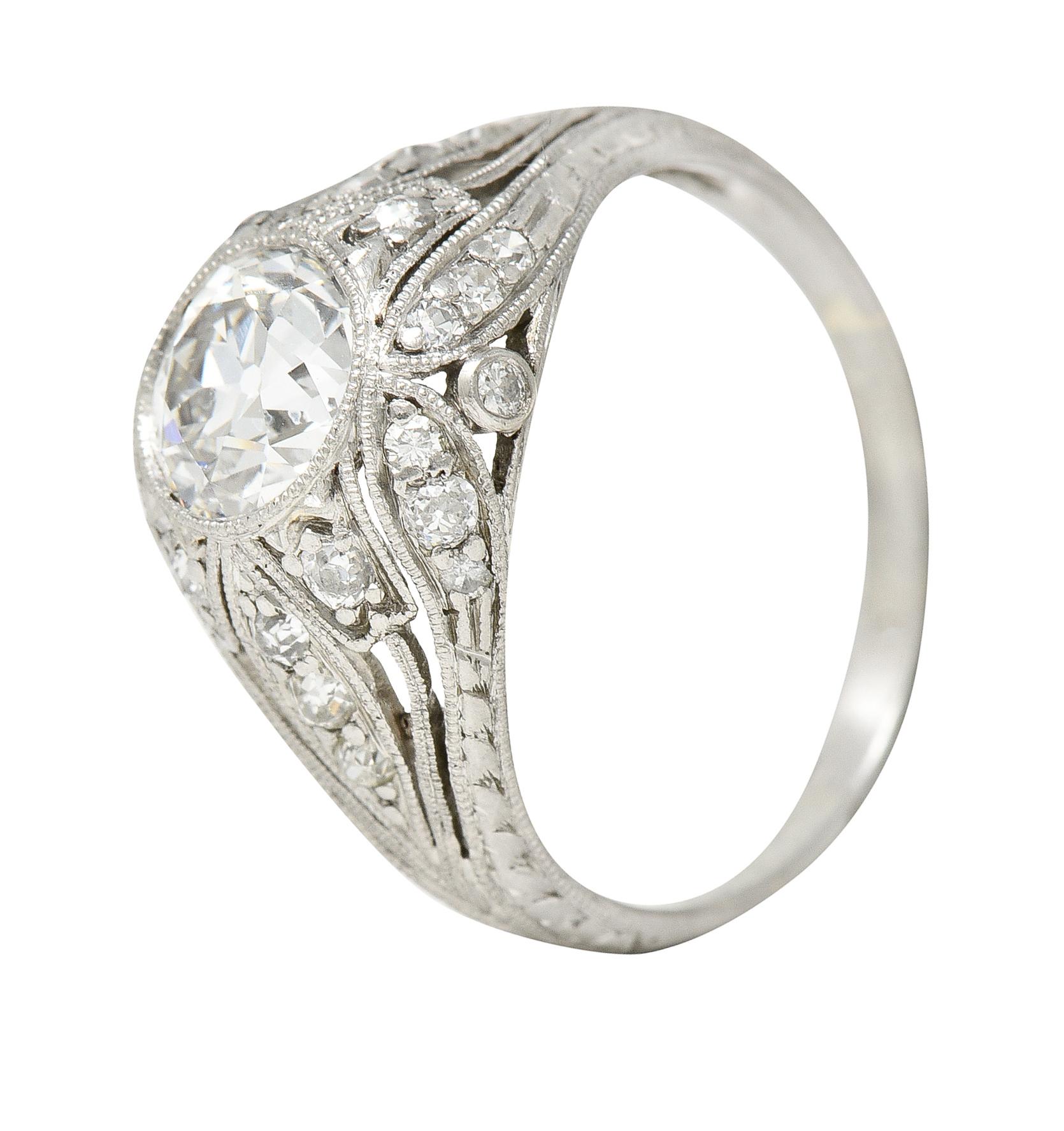 Art Deco 1.56 Carats Old European Cut Diamond Platinum Engagement Ring GIA For Sale 2
