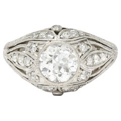 Art Deco 1.56 Carats Old European Cut Diamond Platinum Engagement Ring GIA